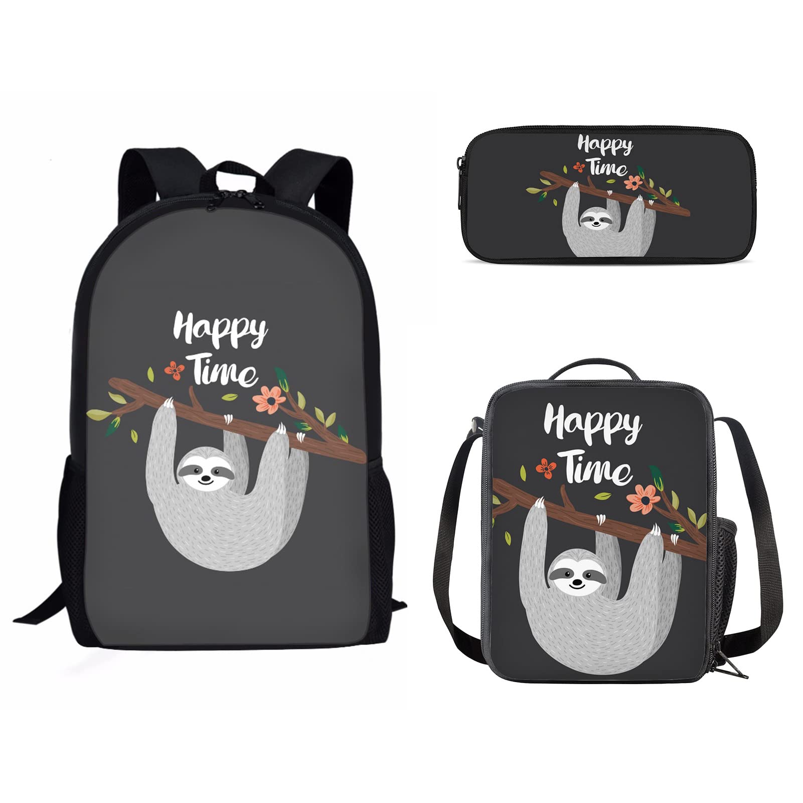 Cute Sloth Print Backpack Set for School & Travel - 3-Piece Bookbag with Lunch Box, Pen Pouch & Laptop Compartment - Durable Teen Backpack for College, Work & Outdoor Adventures