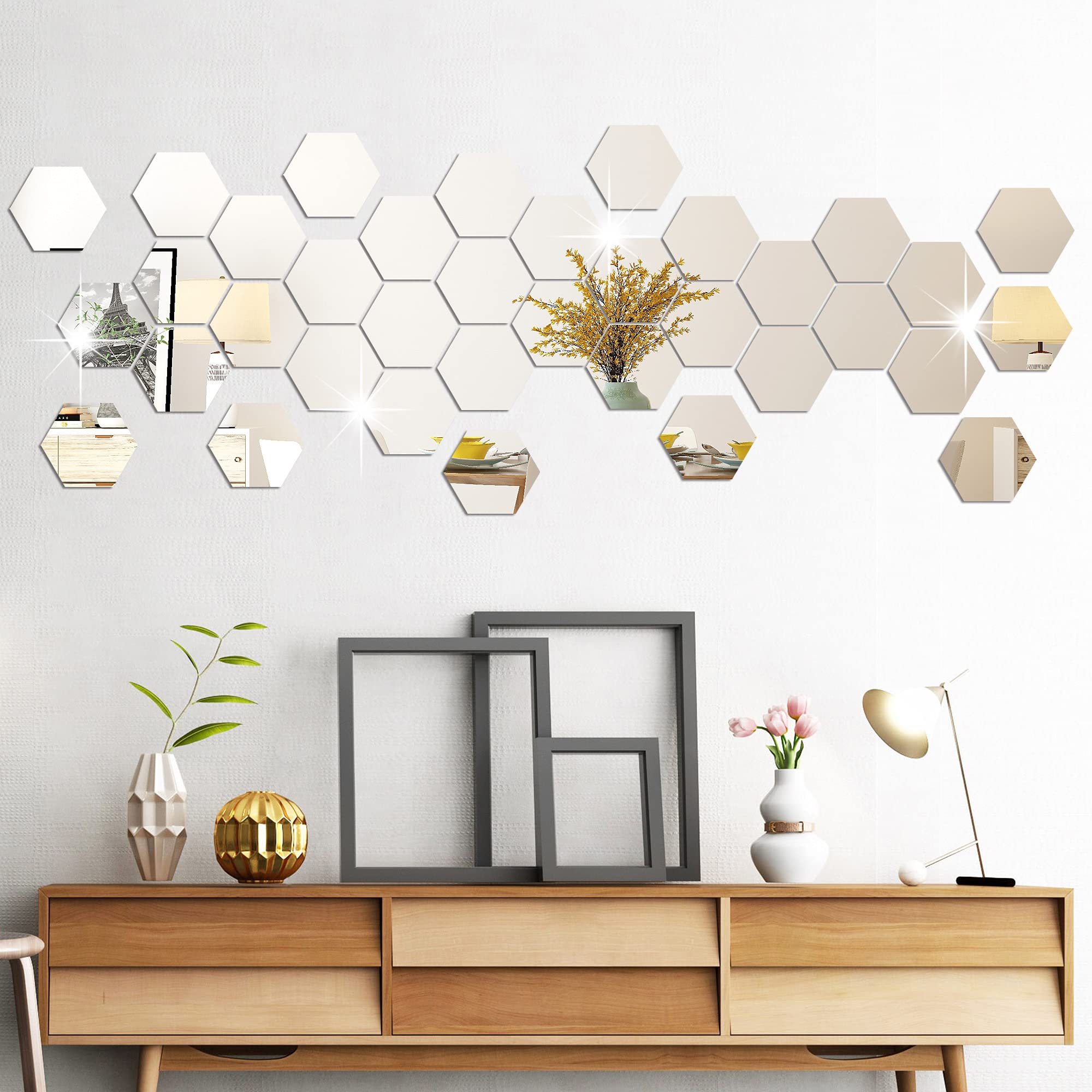 36PCS Removable Acrylic Mirror Wall Decals - Silver Hexagon Wall Stickers for DIY Home Decor | 3D Self-Adhesive Hexagonal Mirror Tiles | Perfect for Bedroom, Living Room, Bathroom & Sitting Room Wall Art Decoration