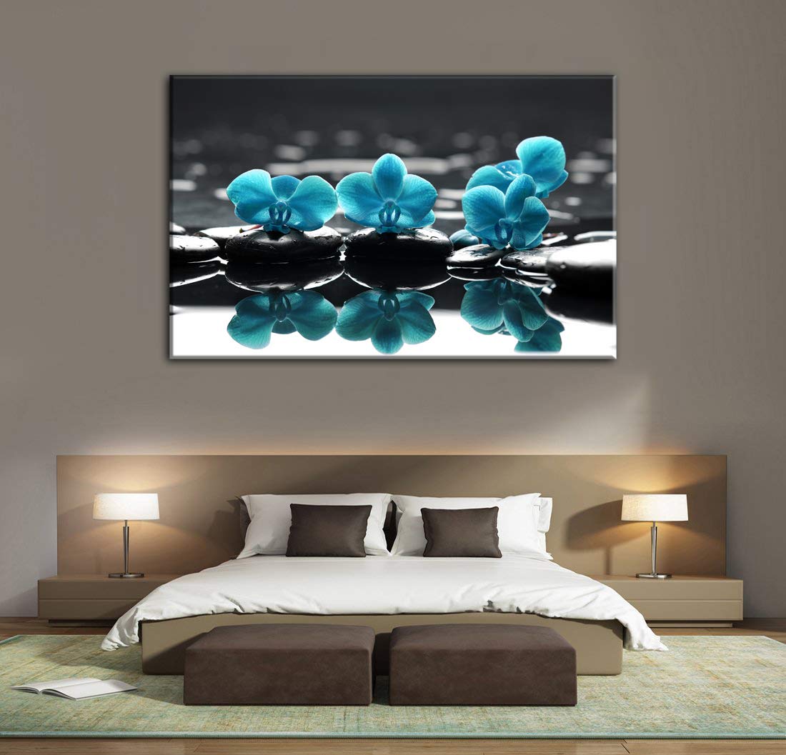 AMEMNY Blue Orchid Flowers Canvas Wall Art - Turquoise Modern Wall Decor for Living Room & Bathroom - Handmade Floral Painting for Home & Office Decor