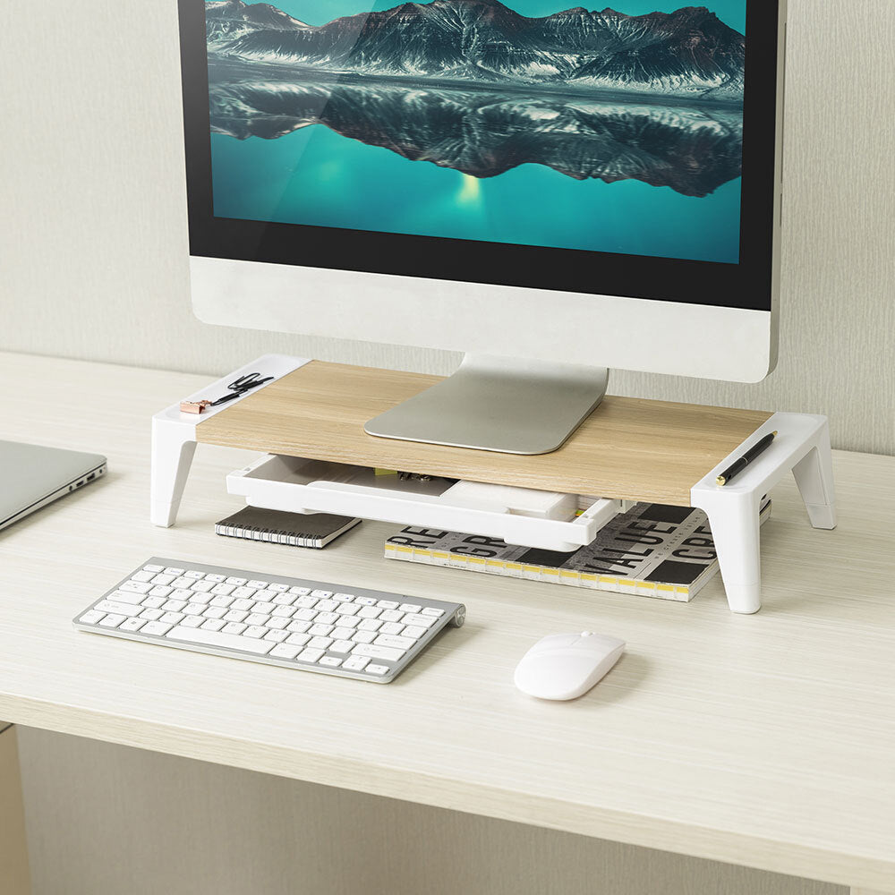 Activiva Monitor Stand Riser with Storage Drawer - White Oak Wooden Desktop Organizer for Computer, Laptop & Office Accessories - Perfect for Home & Office Workspace Setup