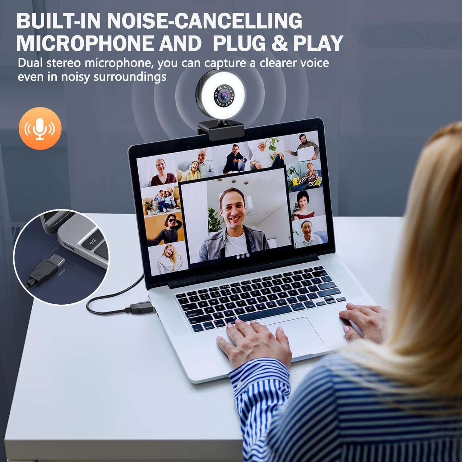 Greethga 1080P HD USB Webcam with Built-in Microphone & Adjustable Ring Light - Perfect for Zoom Meetings, Online Classes, Video Conferencing on Desktop & Laptop