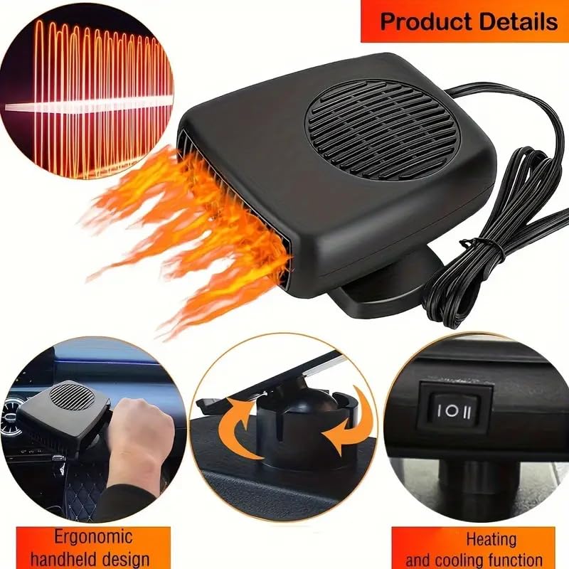12V 200W Portable Car Heater & Defroster - Dual Mode Windshield Defogger with 360° Rotation & Cigarette Lighter Plug (Black) | Fast Heating for Winter Driving & Emergency Car Warmth