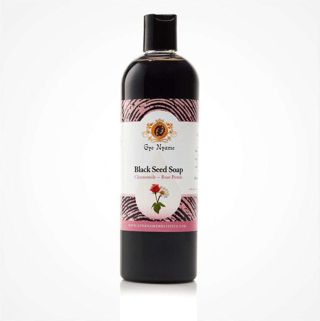 Gye Nyame Black Seed Liquid Soap with Chamomile & Rose Petals - Natural Cleansing & Moisturizing Body Wash for Sensitive Skin - Perfect for Daily Shower & Relaxing Bath Time