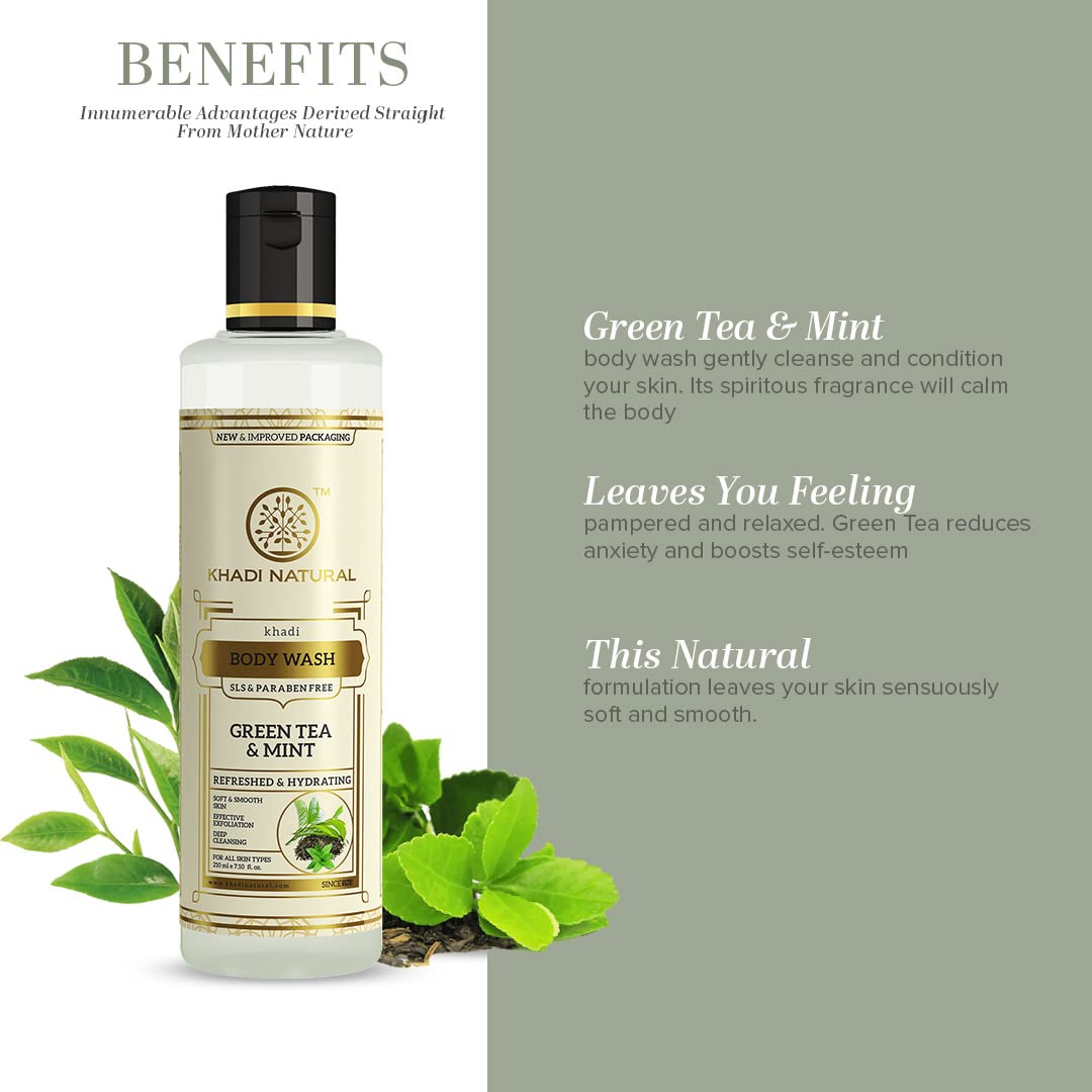 KHADI NATURAL Green Tea & Mint Herbal Body Wash - SLS Free, Paraben Free, 210ml - Refreshing Daily Shower Gel for Sensitive Skin & Aromatherapy