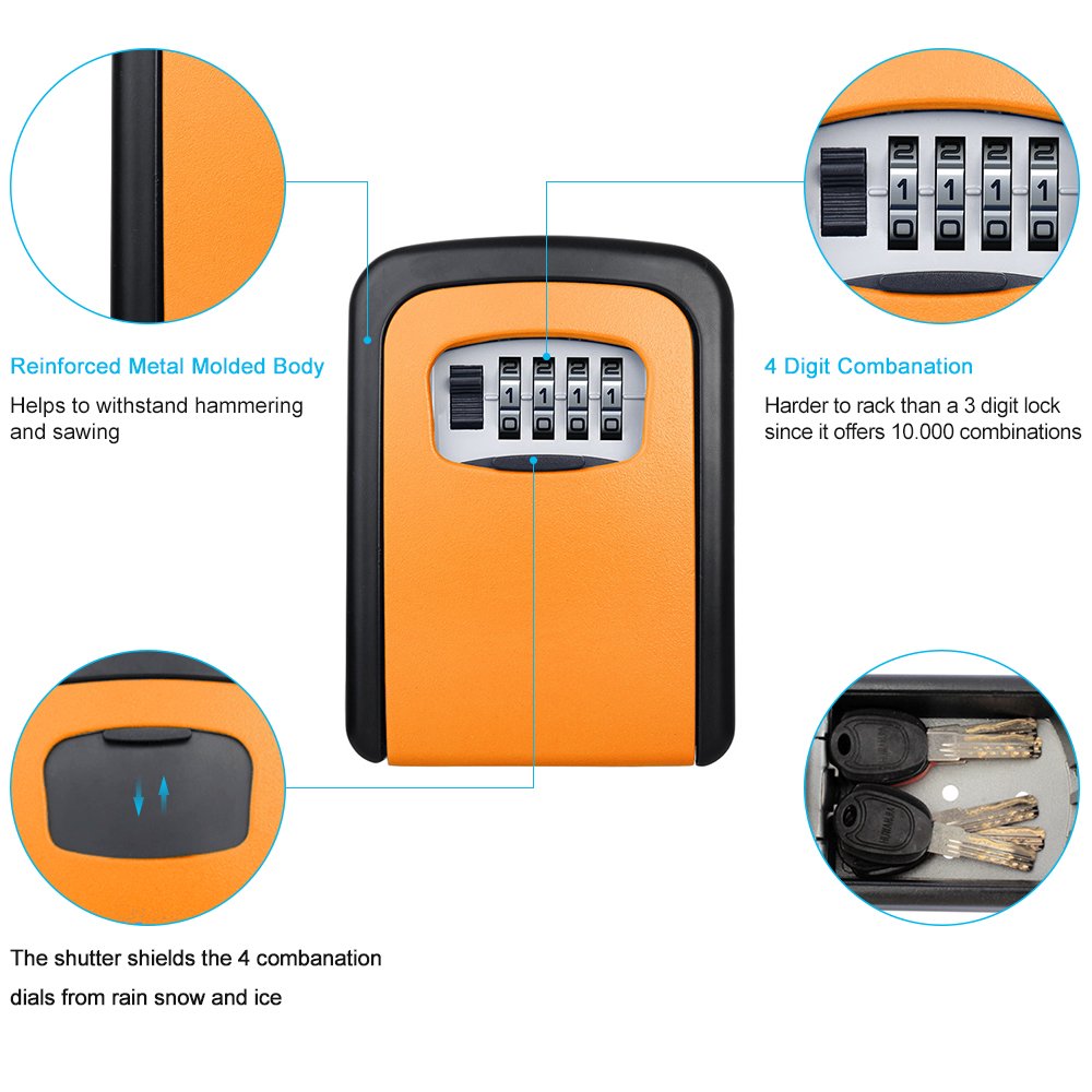 ELEOPTION 4 Digit Combination Key Lock Box - Secure Wall Mount Key Storage for Home, Office, Car & Outdoor Use - Weatherproof Key Locker with Code (Orange) - Perfect for Vacation Rentals, Airbnb Hosts & Property Managers
