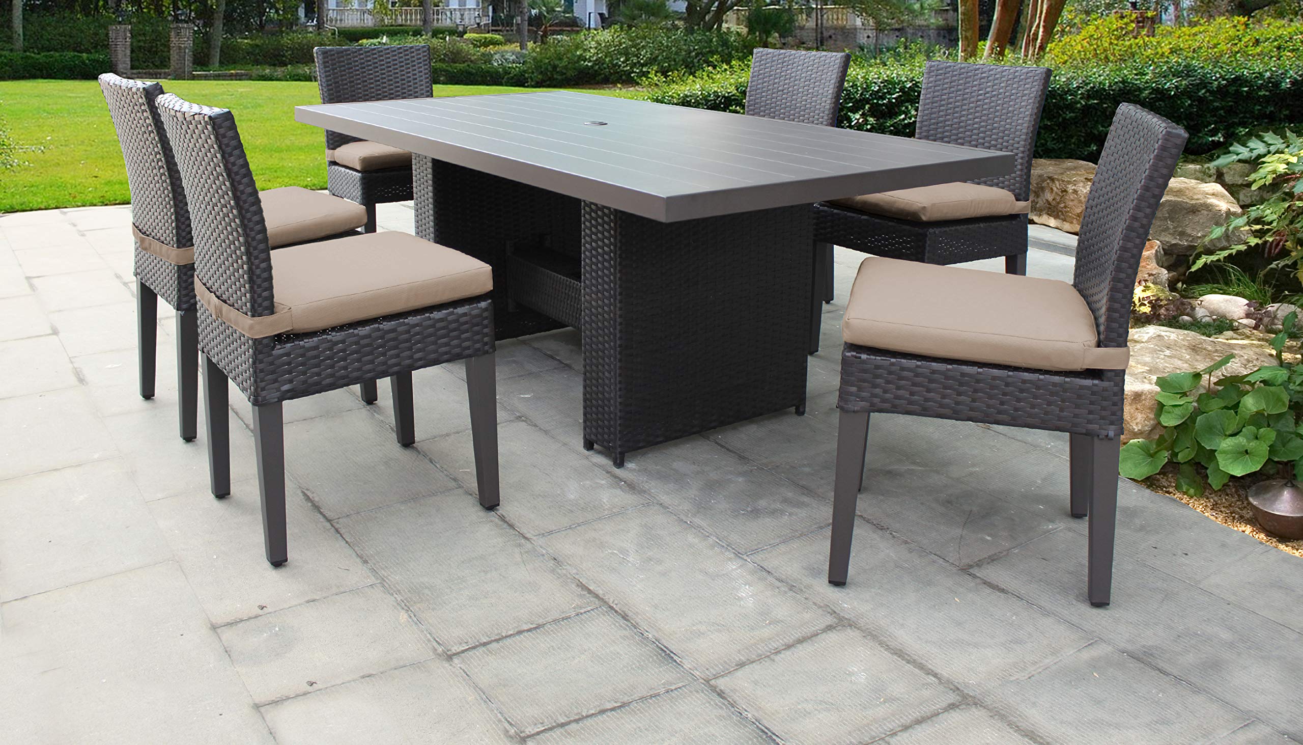 TK Classics BARBADOS-DTREC-KIT-6C 6-Piece Outdoor Patio Furniture Set, Wheat Wicker Dining Table & Chairs for Backyard, Garden, Poolside - Weather-Resistant Rattan Conversation Set for Patio Decor