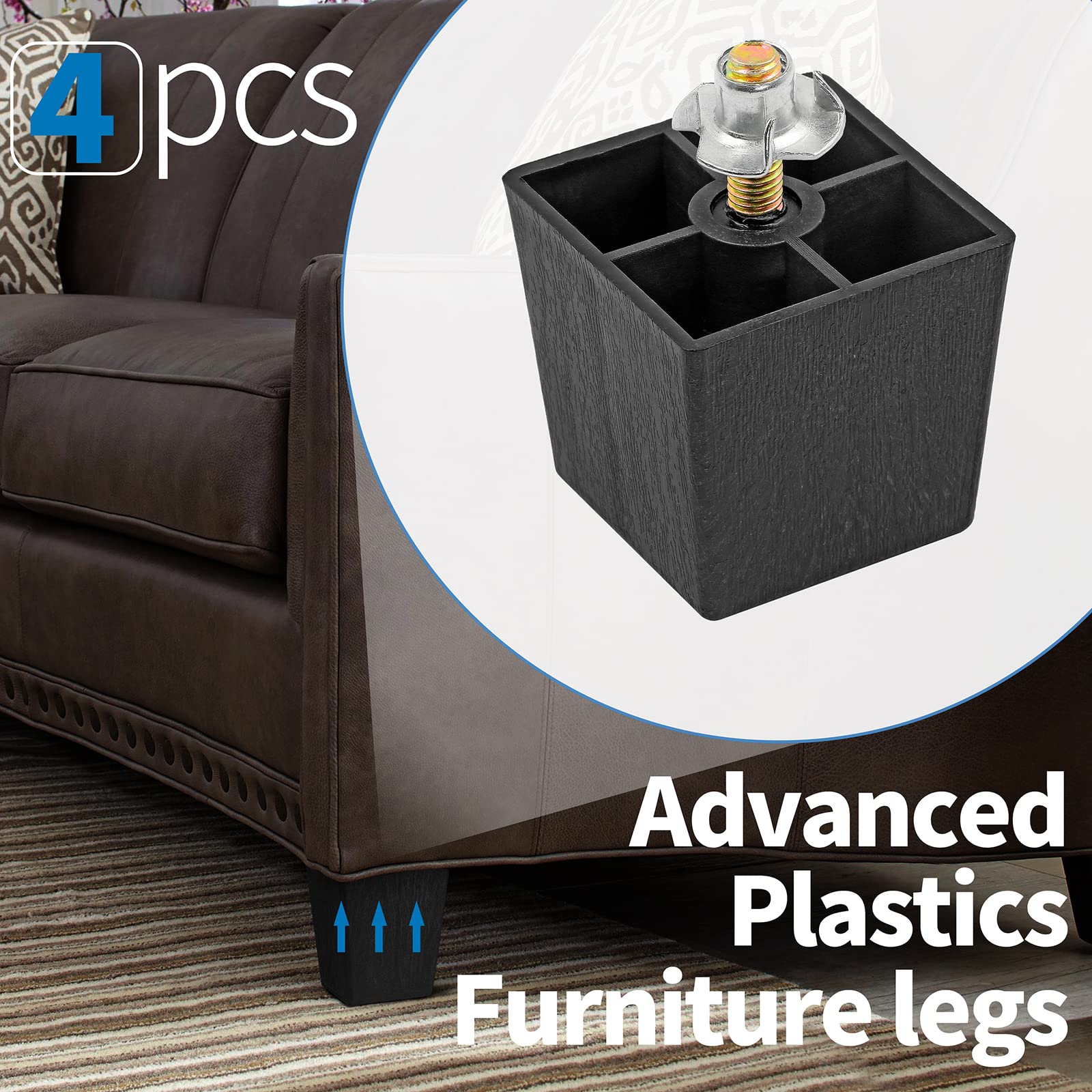 2 Inch Black Plastic Square Furniture Legs - Set of 4 M8 Replacement Feet for Sofa, Couch, Armchair, Bed, Cabinet & Desk - Mid Century Modern Style Home Decor for Living Room, Bedroom & Office