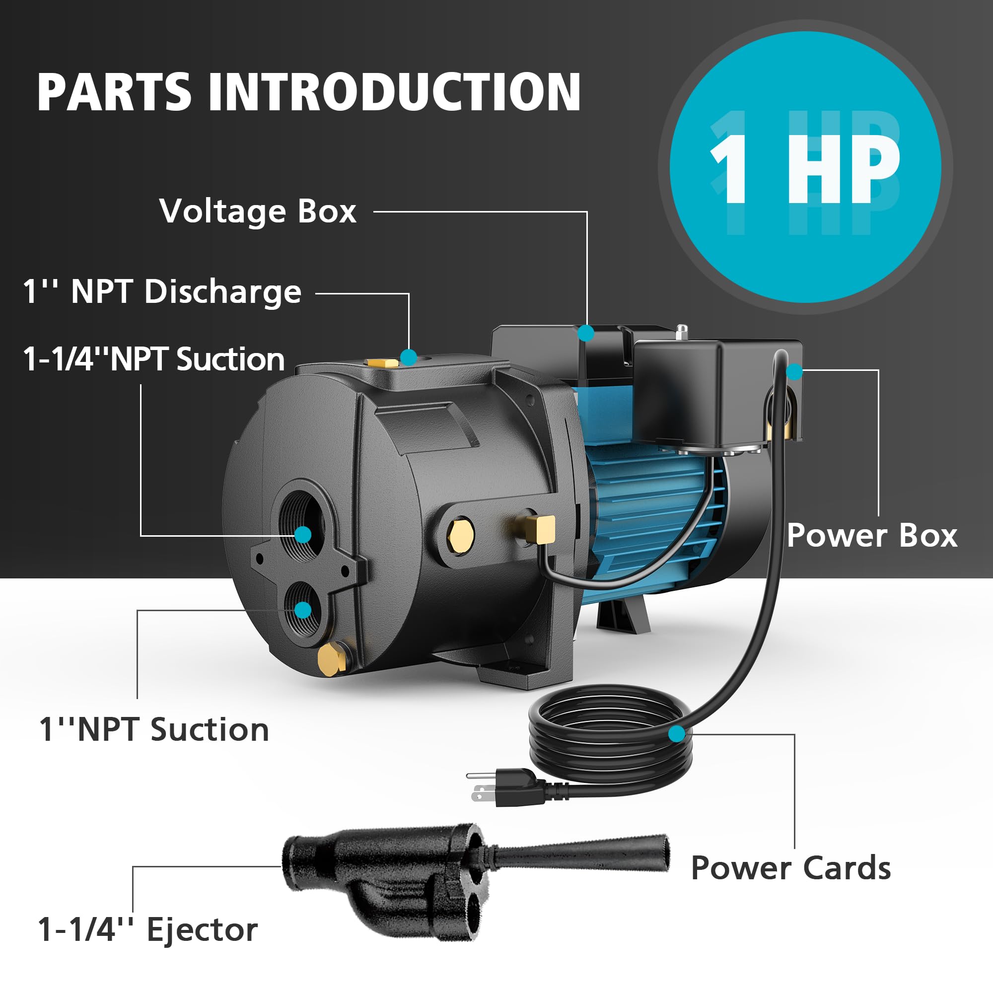 1HP Shallow/Deep Well Jet Pump with Ejector Kit - 115V/230V Heavy Duty Cast Iron Water Pump for Wells up to 50ft - Automatic Pressure Switch - Ideal for Farm Irrigation, Lawn Sprinkler Systems & Garden Watering
