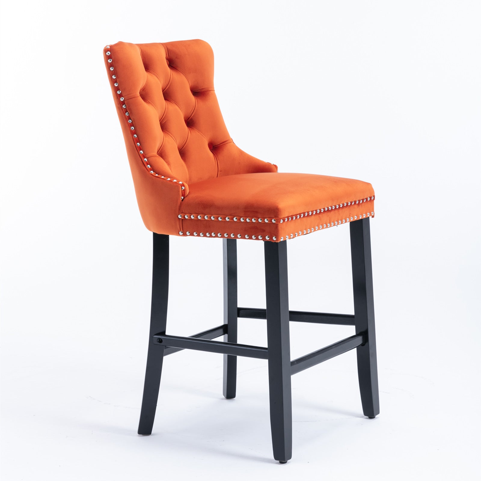 Luxury Velvet Bar Stools Set of 2 - Modern Button Tufted Bar Chairs with Wooden Legs & Chrome Nailhead Trim - Orange Upholstered Counter Stools for Kitchen Island, Home Bar & Dining Room Decor