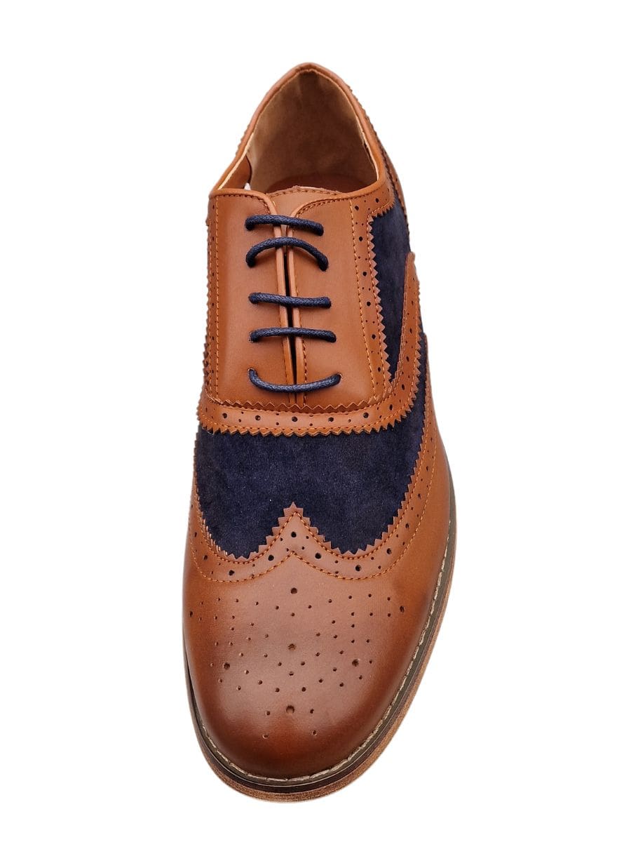 Charles Gatsby Edward Men's Tan & Navy 5-Eye Brogue Oxford Dress Shoes - Classic Formal & Business Attire for Weddings, Office & Special Occasions