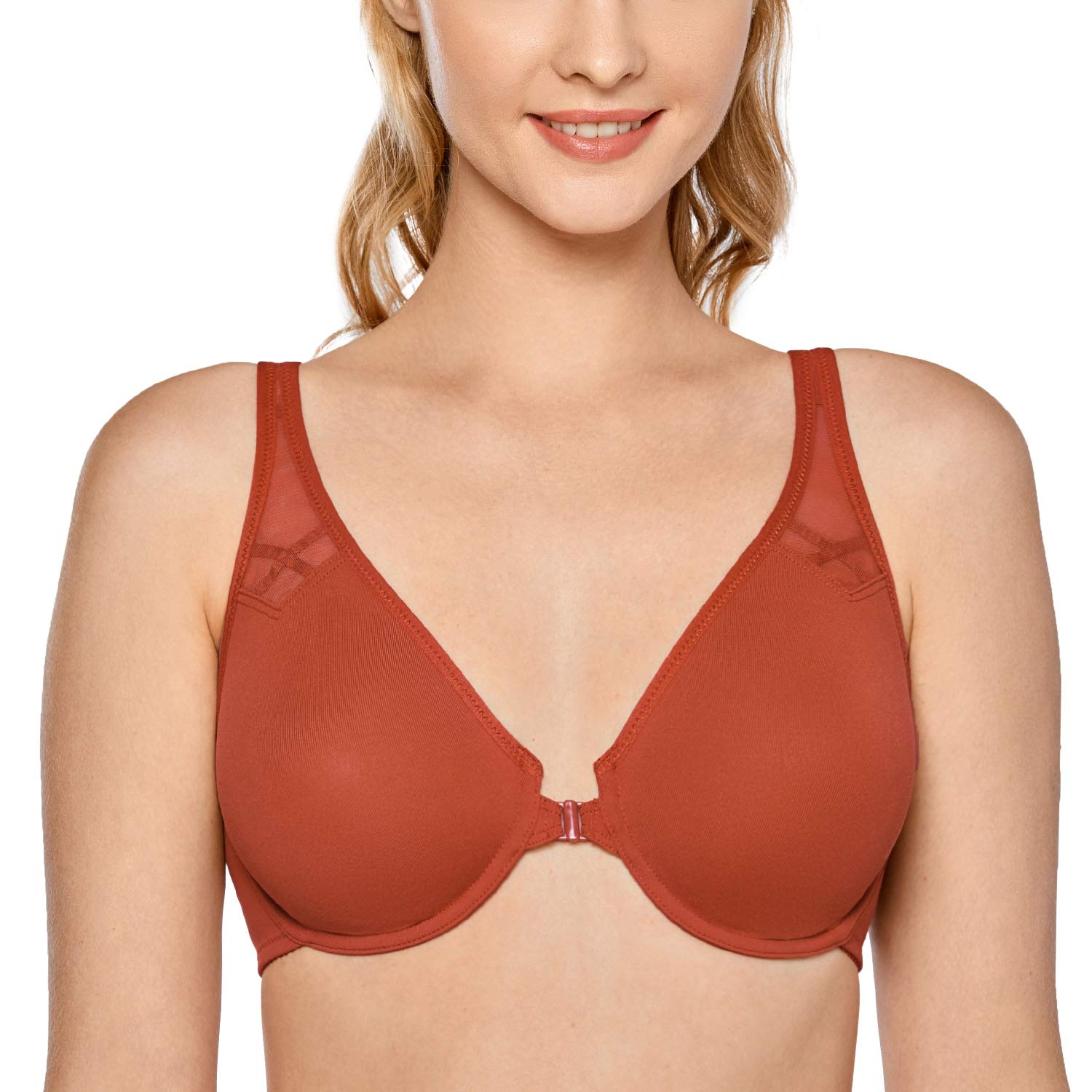 DELIMIRA Women's Front Closure Racerback Underwire Bra - Plus Size Seamless Plunge Comfortable Bras for Everyday Wear & Active Lifestyles