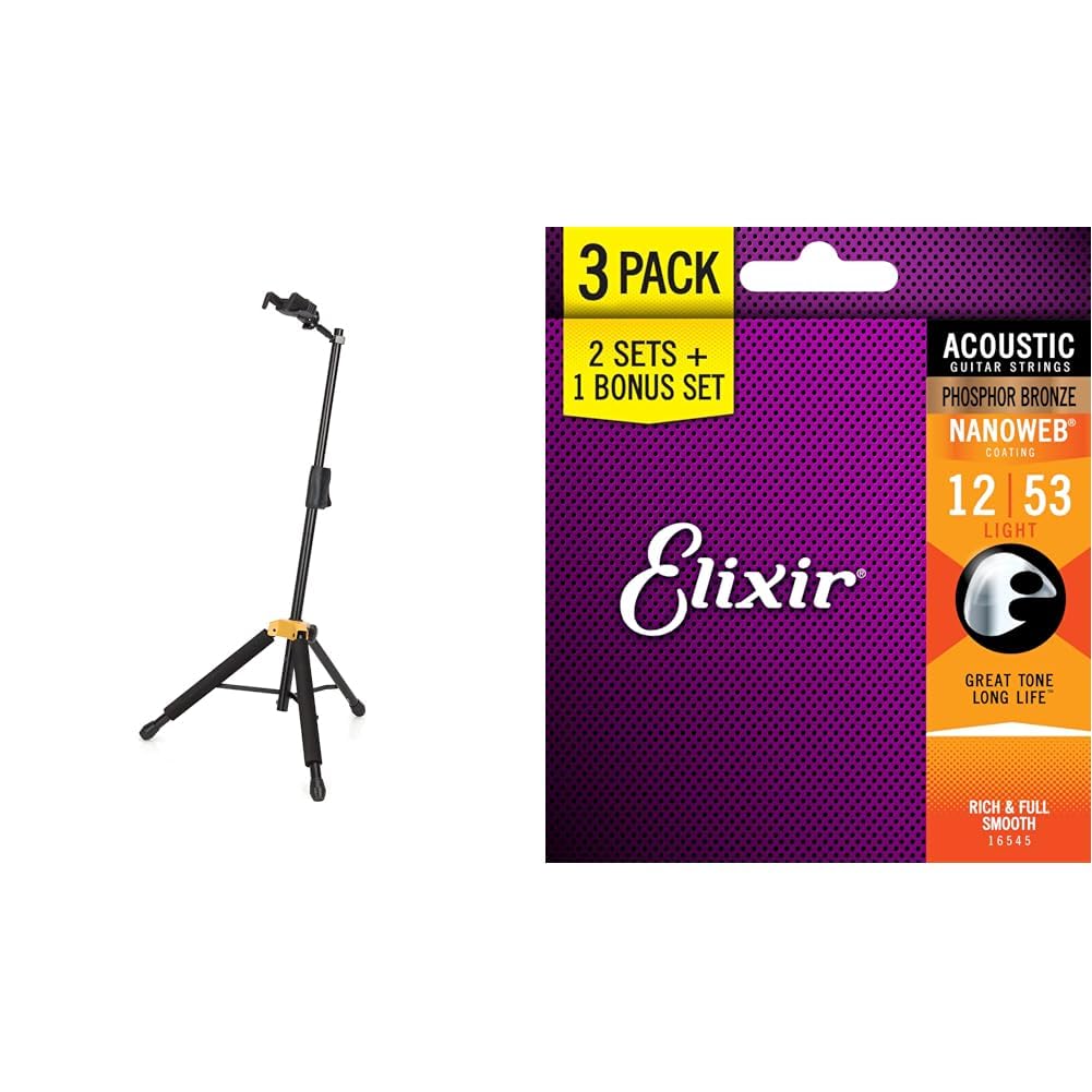 Hercules GS415BPLUS AutoGrip System Guitar Stand & Elixir 16545 Phosphor Bronze Acoustic Guitar Strings with NANOWEB Coating - 3 Pack Light Gauge (.012-.053) | Secure Guitar Storage & Premium String Replacement for Performances, Practice & Studio Sessions
