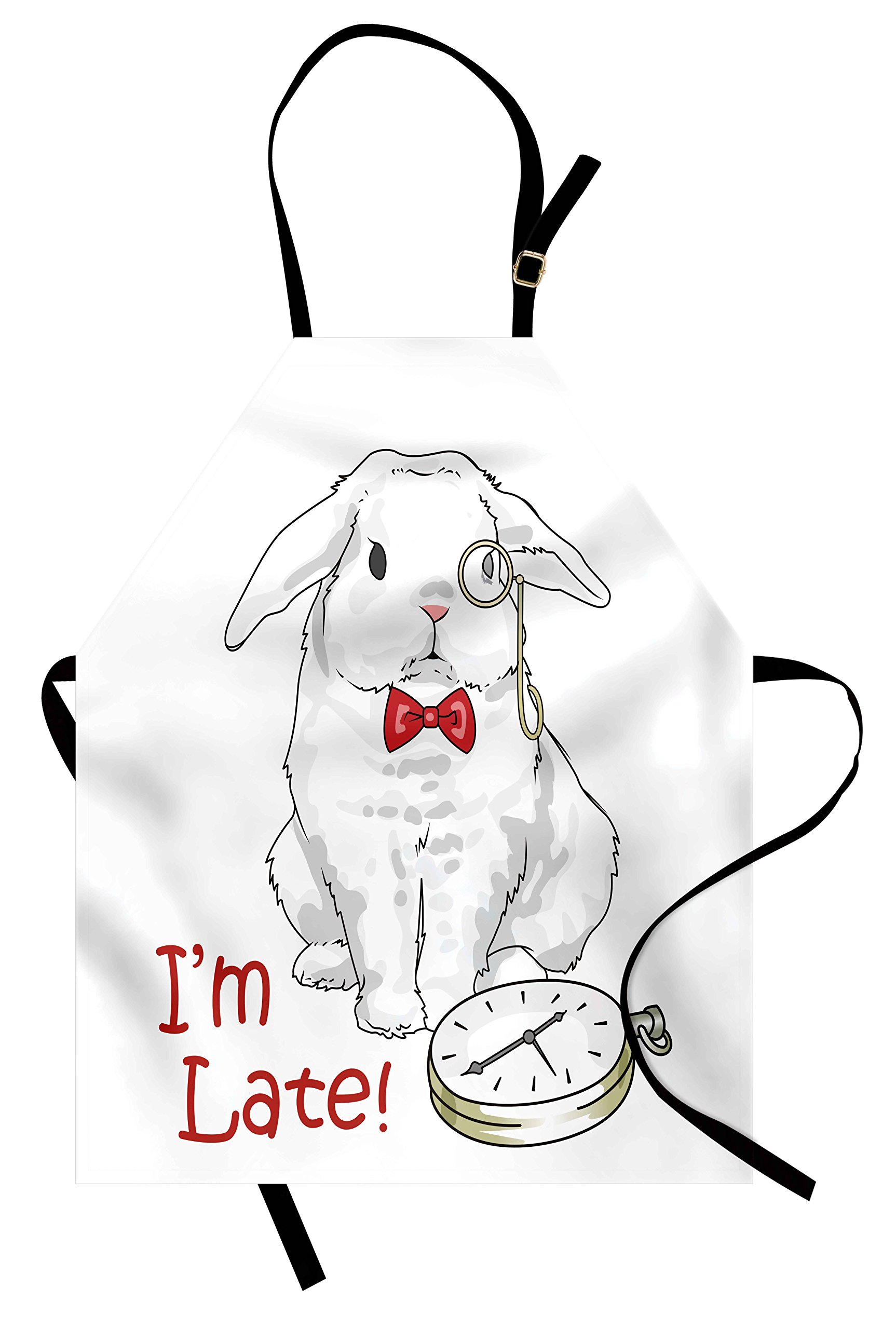 Lunarable Alice in Wonderland Apron - Funny Rabbit with Watches Cartoon Design Fantasy Character, Adjustable Neck Unisex Kitchen Bib Apron for Cooking, Baking, Gardening (White & Red) - Perfect for Cosplay, Themed Parties & Alice in Wonderland Fans