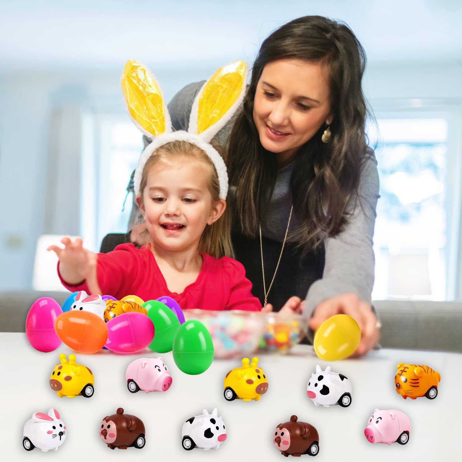 12 Pack Easter Eggs with Animal Pull Back Toy Cars - Easter Basket Stuffers, Party Favors, Classroom Prizes & Surprise Gifts for Kids - Perfect for Easter Egg Hunts, Themed Parties & School Rewards