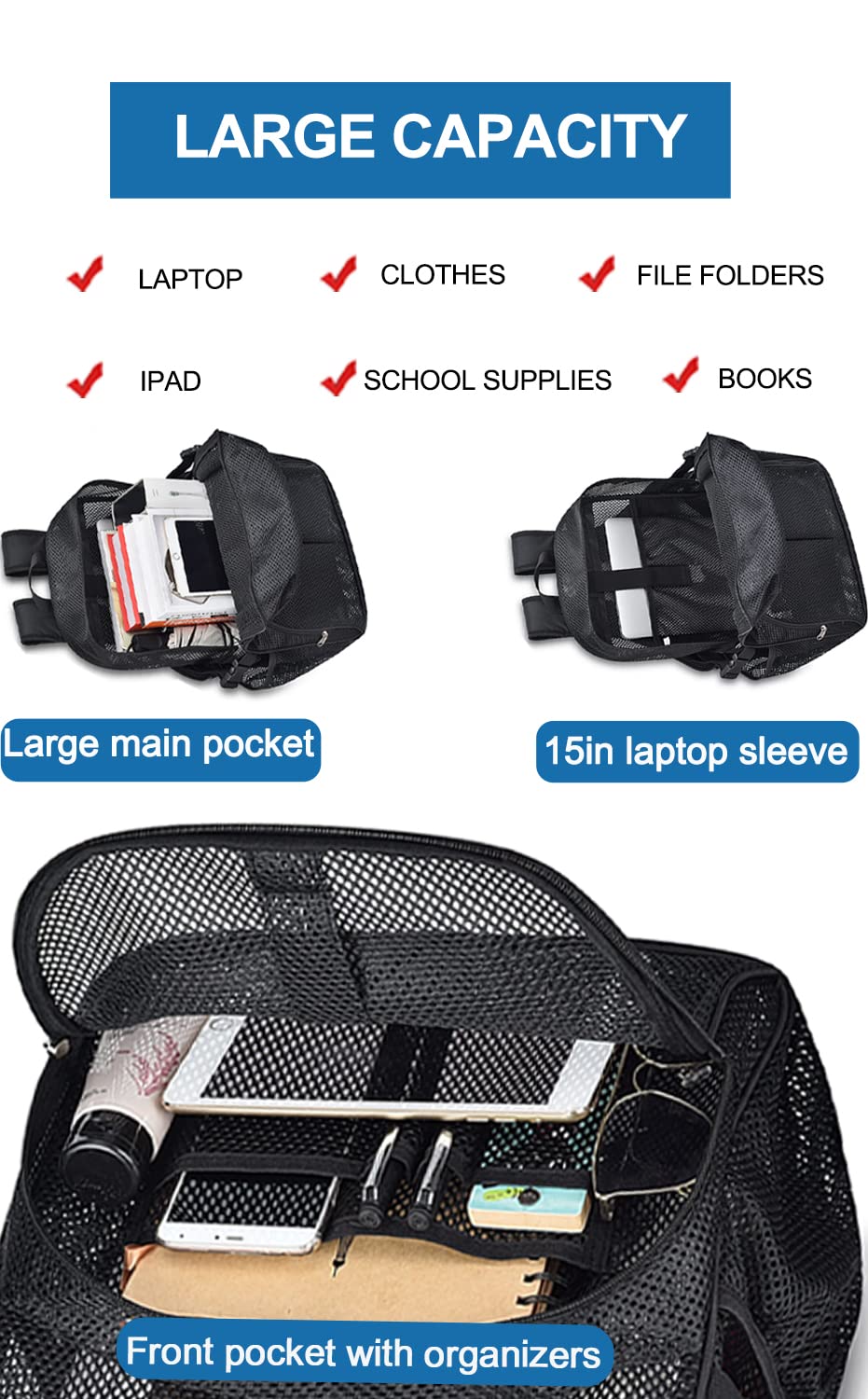 Durable 30L Heavy Duty Mesh Backpack for School & Travel - Large Black Ventilated Backpack with Laptop Compartment - Perfect for Beach, Commuting, Swimming, Gym & Outdoor Sports (Black)