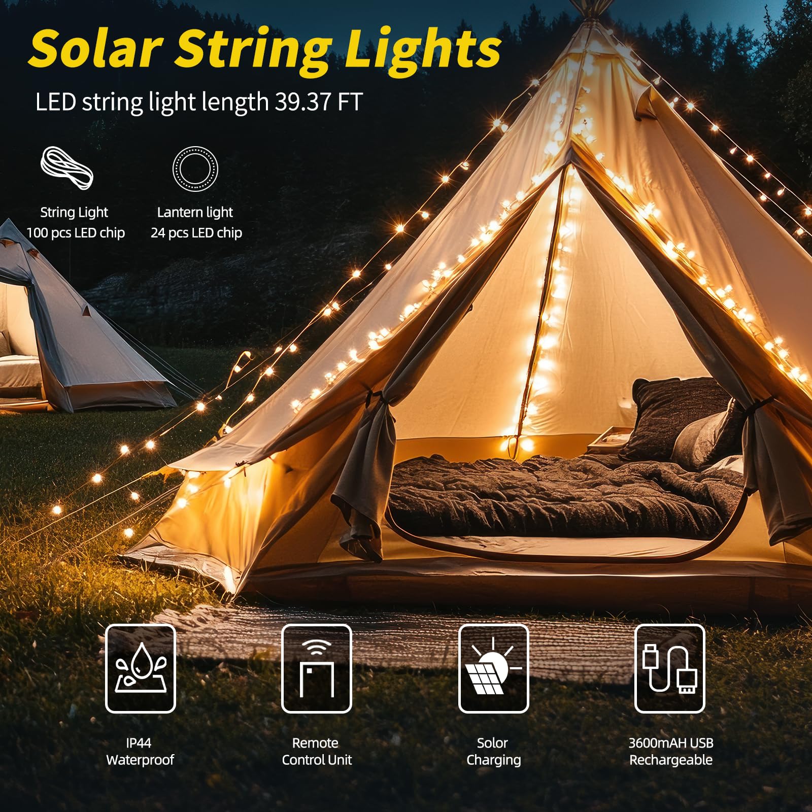 GHORA 2-in-1 Solar Powered LED String Lights - 39.4ft Waterproof Outdoor Hanging Lights with Remote Control for Camping, Tent, Yard, Garden & Patio Decor