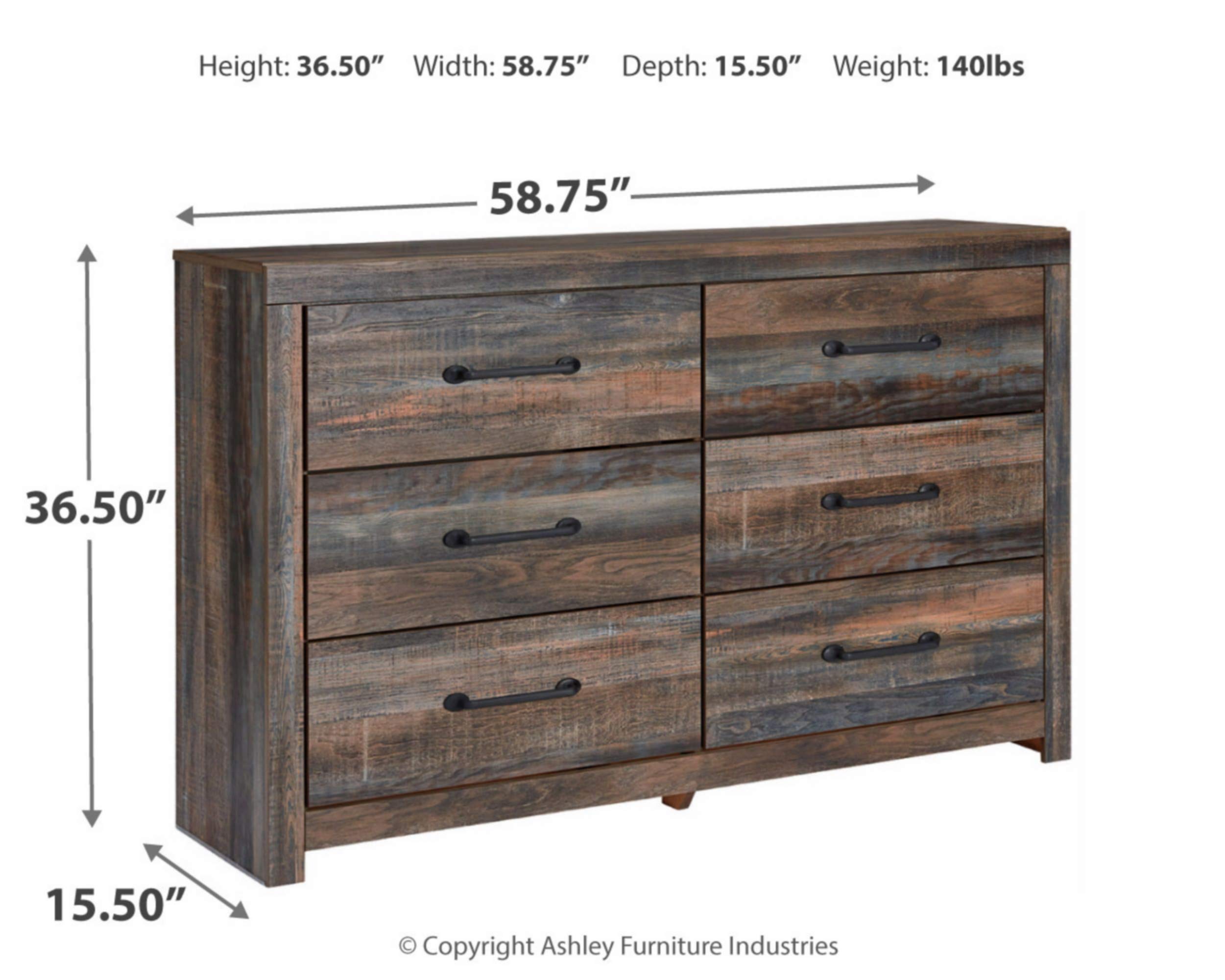 Signature Design by Ashley Drystan Rustic Industrial 6-Drawer Dresser in Weatherworn Brown - Perfect for Bedroom Storage & Farmhouse Decor