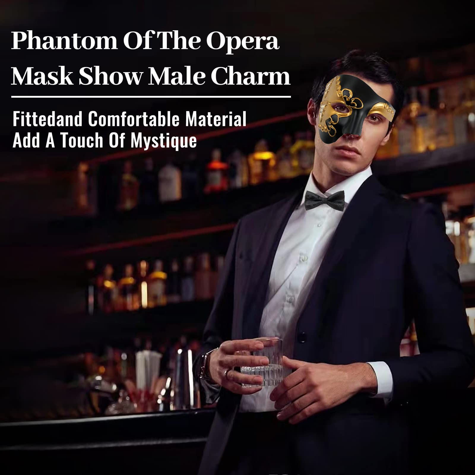 Phantom of the Opera Masquerade Mask for Men - Venetian Half Face Mask with Elegant Bow Tie | Perfect for Halloween Parties, Costume Balls & Themed Events