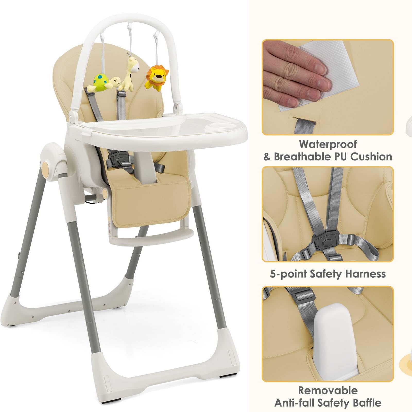 Maxmass 4-in-1 Foldable Baby High Chair with 5-Point Safety Harness, Removable Dual Tray & Cushion - Adjustable Infant Feeding Seat with Toy Bar & Wheels for Toddlers 6-36 Months (Beige) | Perfect for Dining, Playtime & Travel