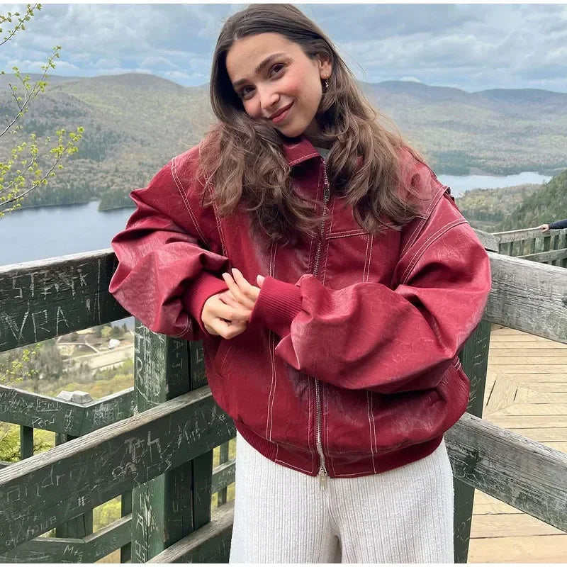 Stylish Women's Leather Bomber Jacket with Zipper - Autumn Casual Striped Coat, Chic Lapel & Long Sleeves | Perfect for Motorcycle Riding, Fall Outfits & Everyday Fashion
