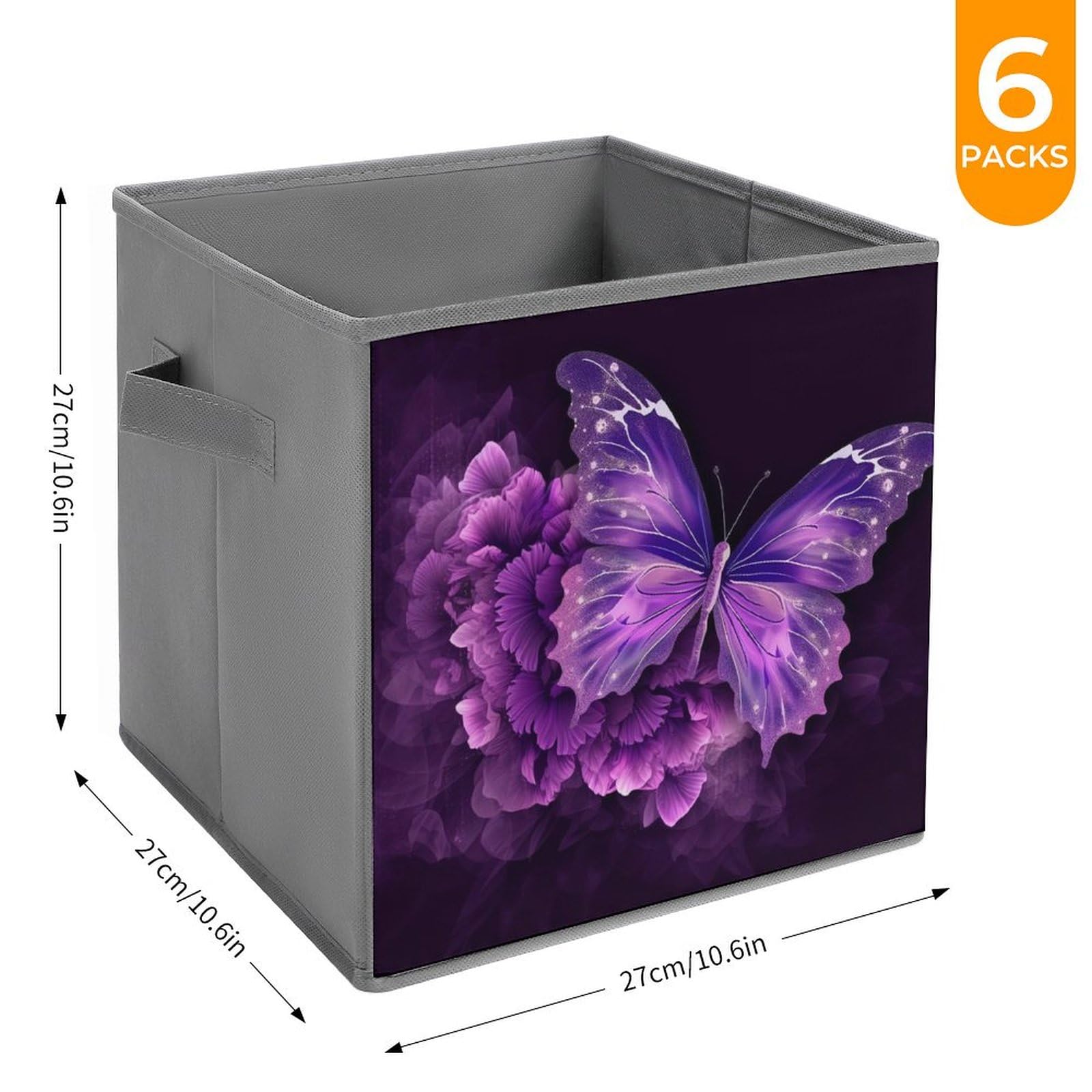 6-Piece Collapsible Storage Bins with Handles - Beautiful Purple Butterfly Floral Design, Multi-Functional Foldable Organizer Boxes for Shelves, Closet, Bathroom & Home Organization | Space-Saving Storage Solution for Bedroom, Office & Kids Room