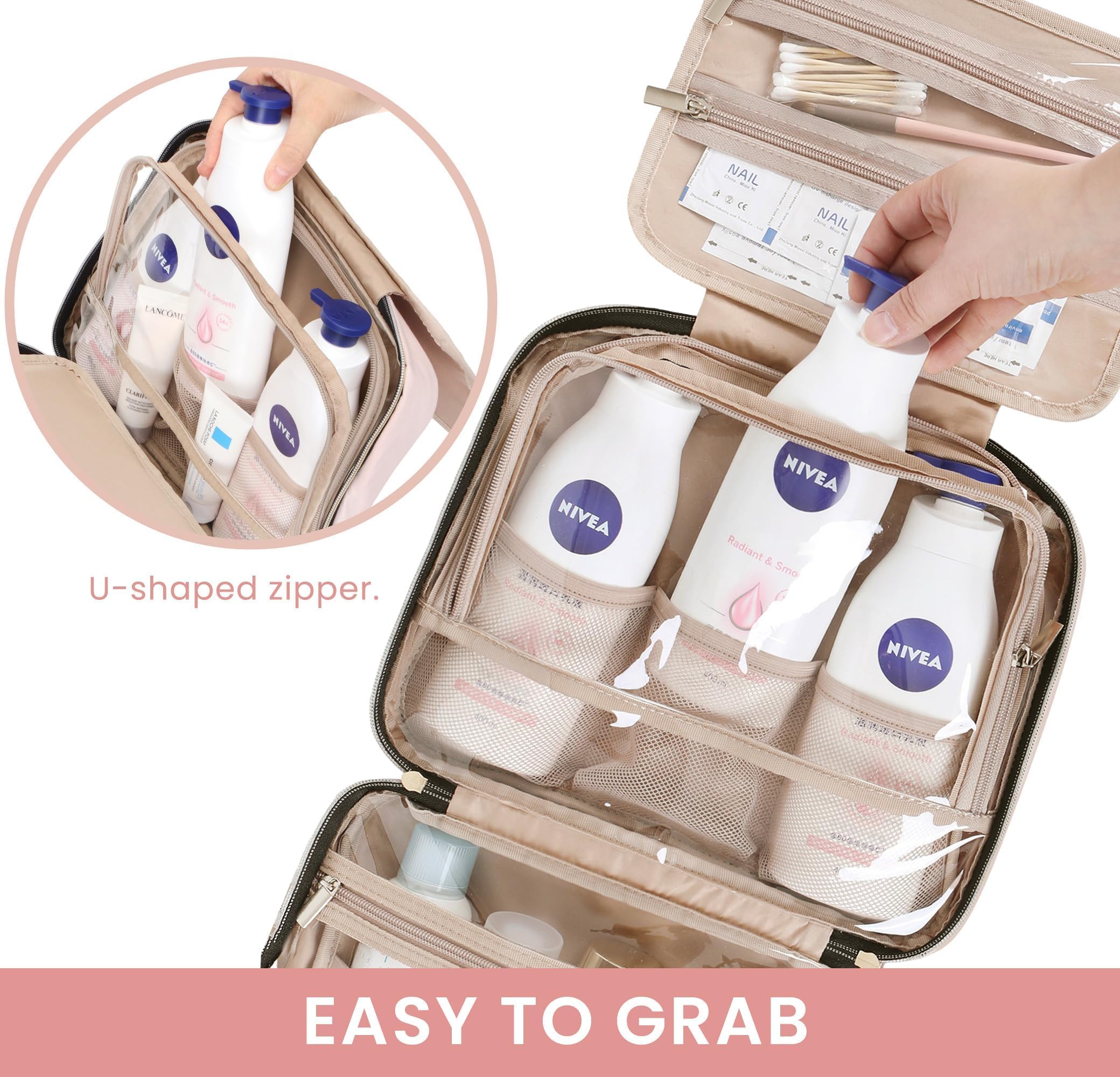 Waterproof Hanging Travel Toiletry Bag for Women - Pink Cosmetic Organizer with Multiple Pockets for Makeup, Shampoo & Toiletries | Perfect for Air Travel, Camping & Gym Essentials