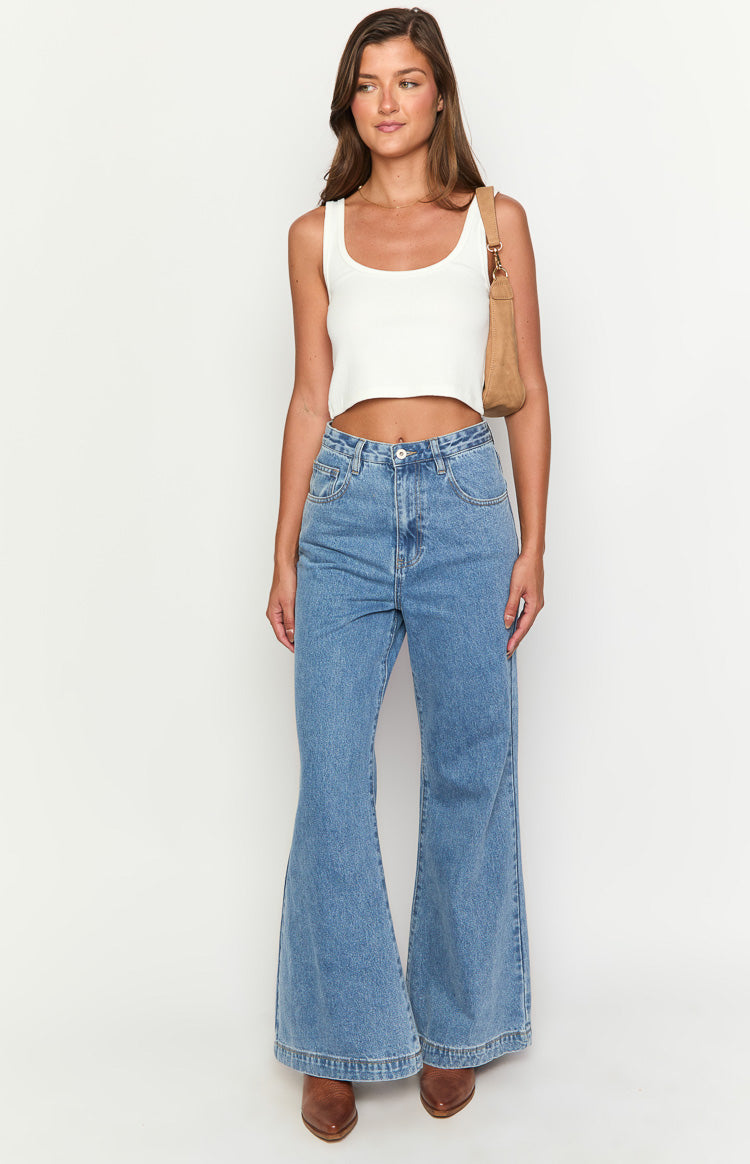 Dandy Mid Wash Denim Flare Jeans for Women - High Waisted Vintage 70s Style Stretch Jeans - Perfect for Casual Outfits, Date Nights & Music Festivals