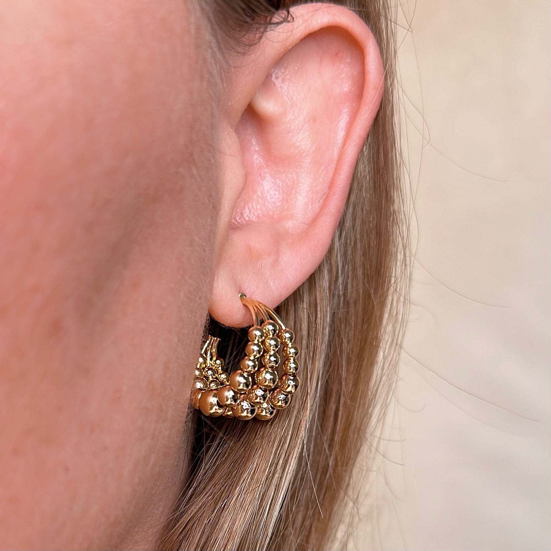 18K Gold Filled Triple Line Beaded C Hoop Earrings for Women - Elegant Dainty Huggie Hoops - Perfect for Everyday Wear, Date Night & Gift Giving