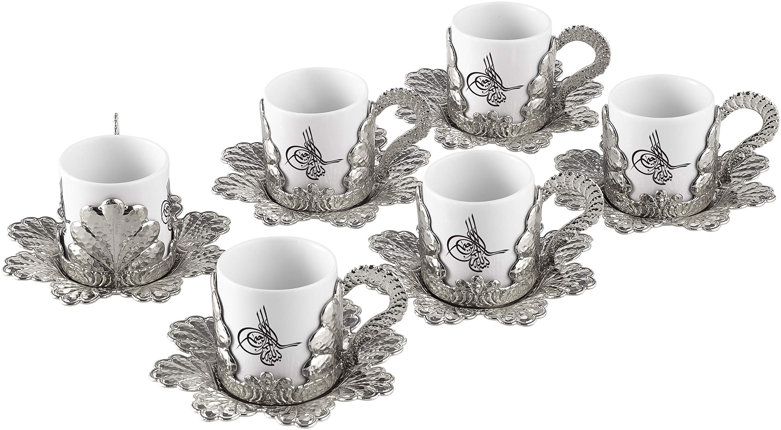 LaModaHome Ottoman Tughra Seal Coffee Cups with Saucers Set of 6 - Porcelain Turkish Arabic Greek Coffee Cup and Saucer for Women, Men, Guests - Elegant New Home & Wedding Gift (Silver/White) - Perfect for Turkish Coffee Ceremonies, Home Decor, and Hosting Guests