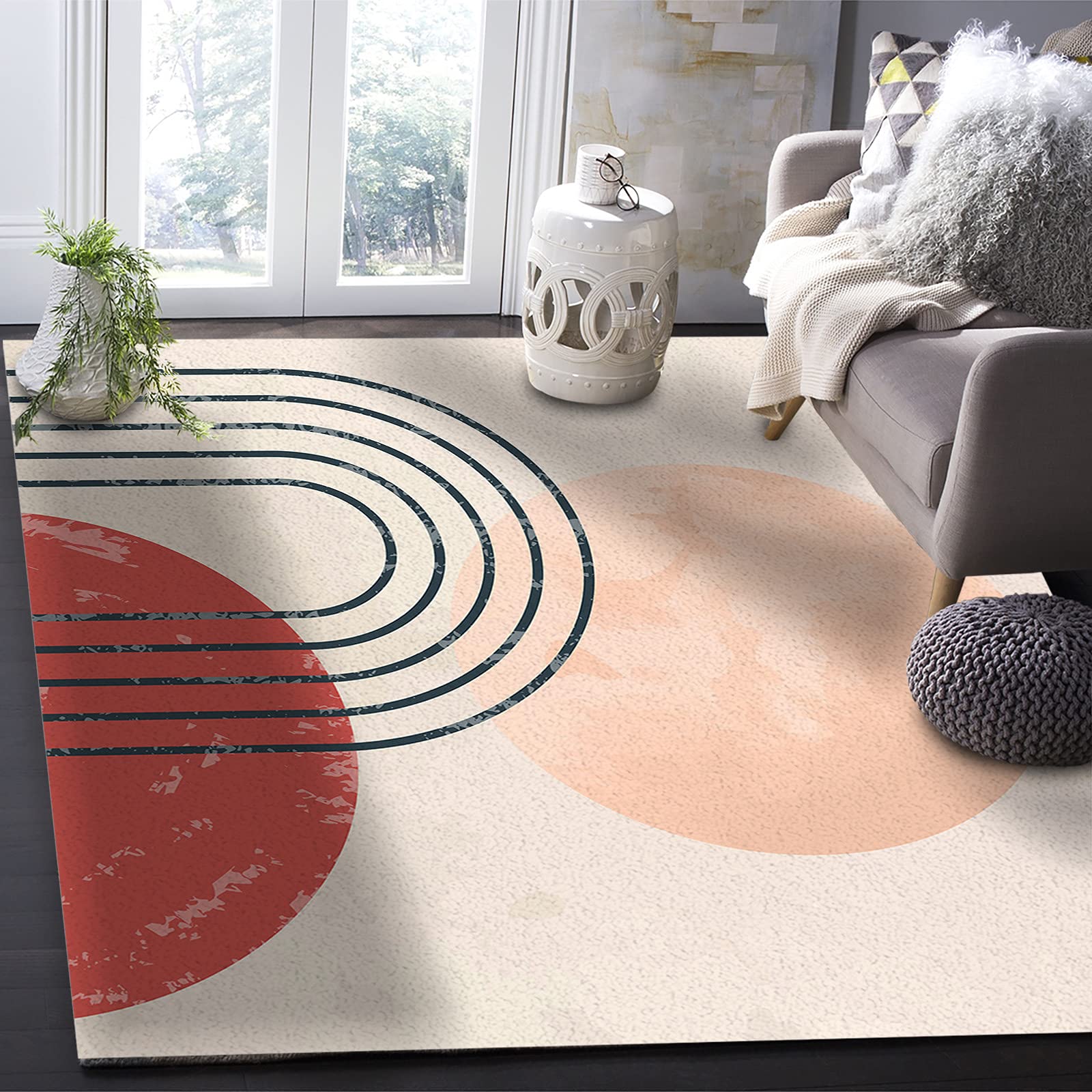 4'x6' Non-Shedding Boho Area Rug - Mid Century Abstract Art with Yellow Sun & Rainbow Design for Living Room, Bedroom, Kitchen & Bathroom Decor | Durable Indoor Outdoor Carpet Runner for Home & Apartment