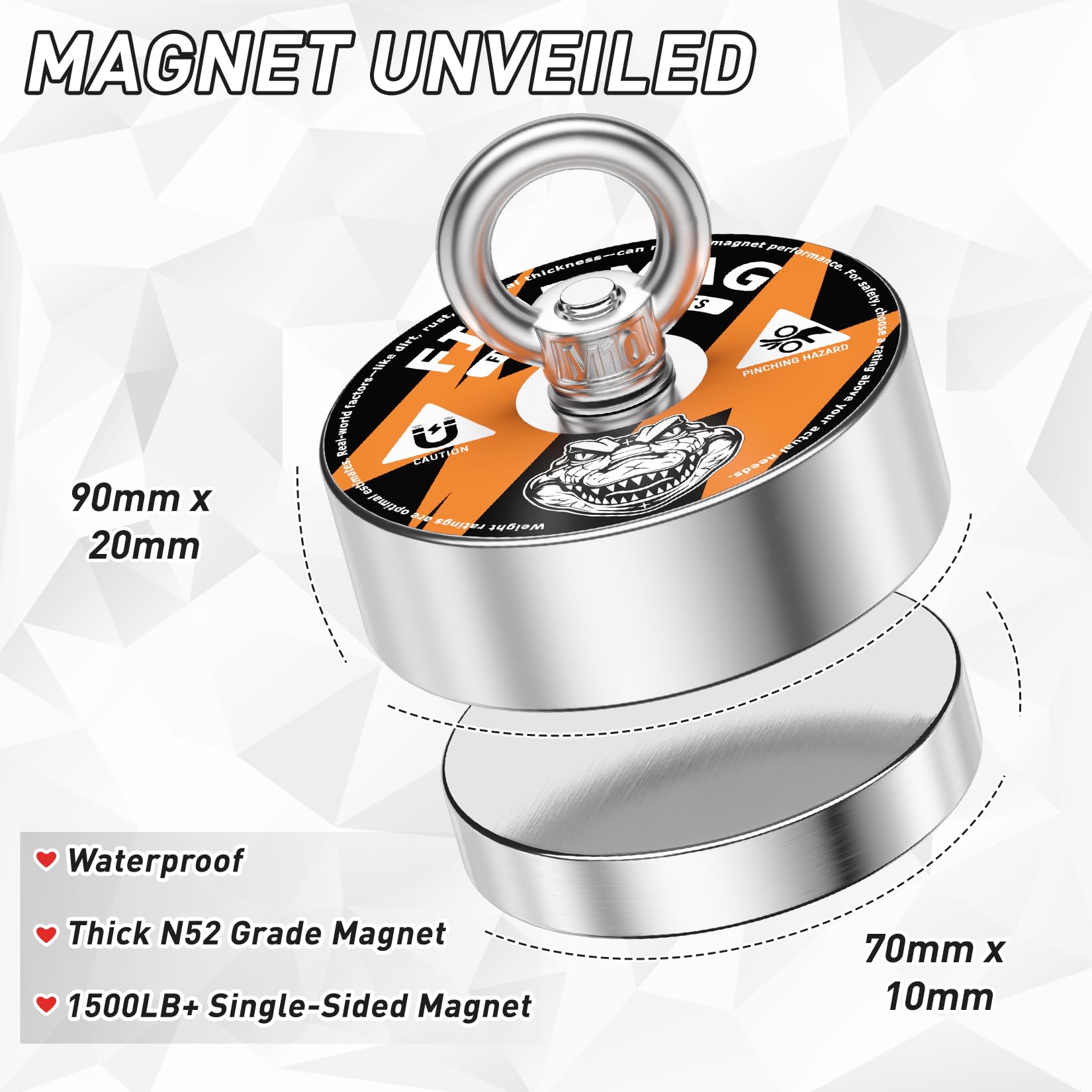 FINDMAG Heavy Duty Neodymium Fishing Magnet Kit with Countersunk Hole Eyebolt - 500+ lbs Pulling Force Rare Earth Magnet for Underwater Treasure Hunting, Metal Recovery & Industrial Lifting