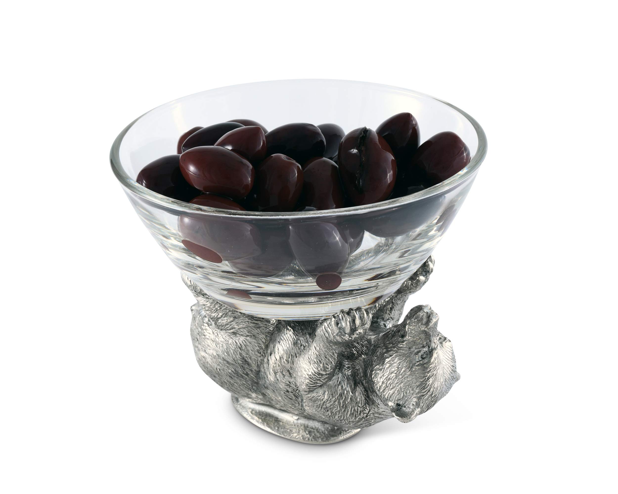 Vagabond House 6-Inch Glass Serving Bowl with Solid Pewter Bear Base - Perfect for Dips, Nuts, Sauces & Condiments | Elegant Tableware for Parties, Entertaining & Home Decor