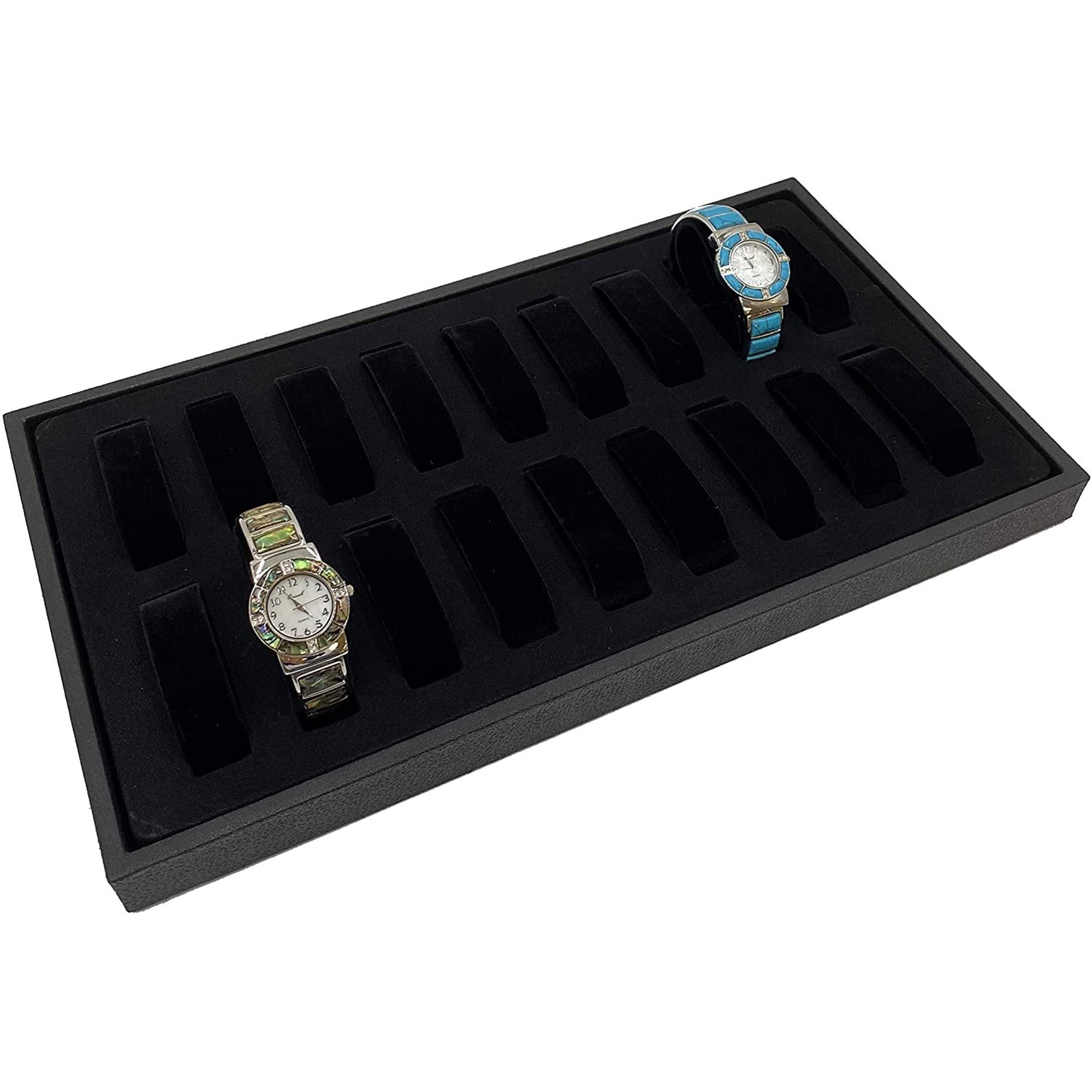 MH GLOBAL 18-Slot Black Velvet Jewelry Tray - Luxury Watch & Ring Organizer Display for Women | Perfect for Retail Stores, Bedroom Vanity & Gift Packaging