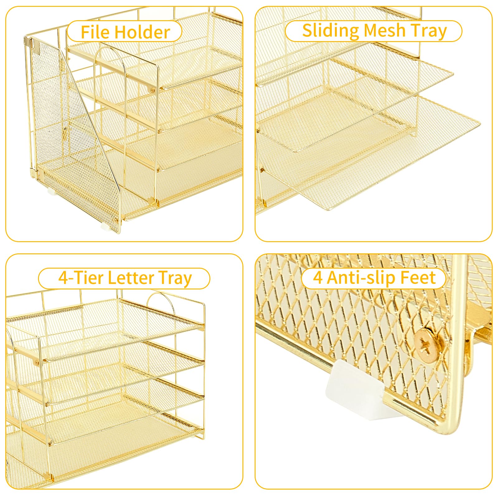OPNCIE 4-Tier Paper Letter Tray File Organizer - Gold Office Desk Organizer for Documents, Files & Supplies | Perfect for Classroom, Home Office & Workspace Organization | Elegant Storage Solution for Papers, Mail & Office Accessories