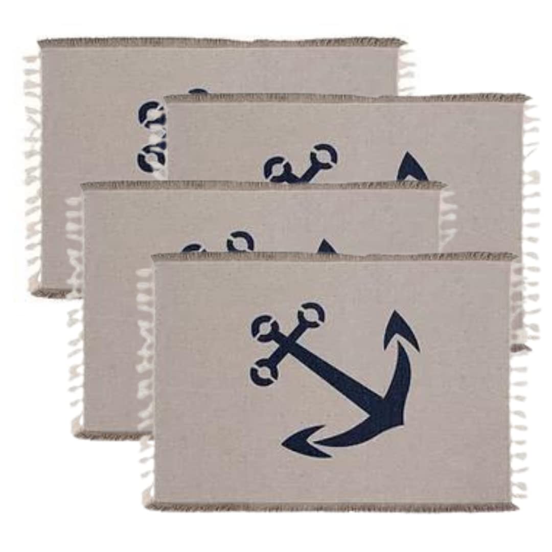 Nautical Sea Life Beach Table Placemats Set of 4 - Cotton Rectangular Dining Placemats with Anchor Design for Coastal Home Decor, Kitchen & Outdoor Picnic Use
