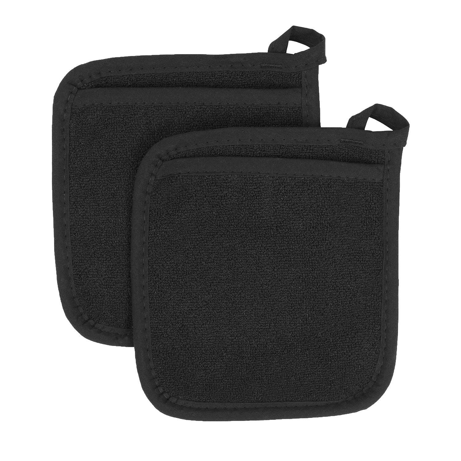 AZ COLLECTION 100% Cotton Terry Cloth Pot Holder Set - Heat Resistant Kitchen Hot Pads (2-Pack, Black) for Cooking, Baking and Grilling Protection