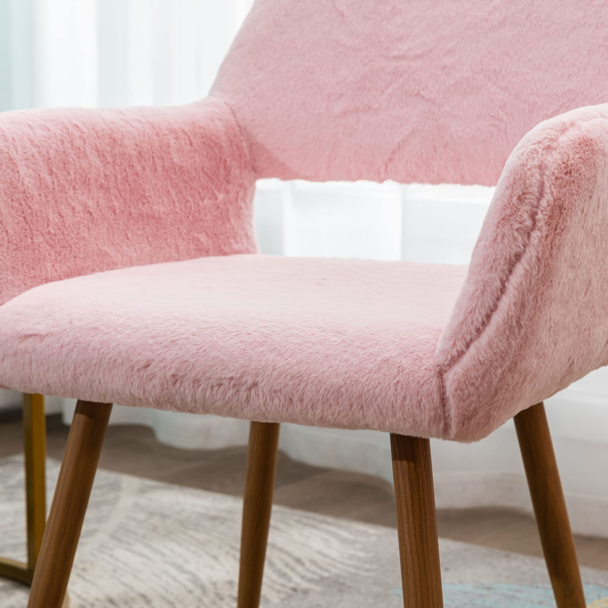 Mid-Century Modern Faux Fur Accent Chair - Pink KCC Furry Desk Chair with Wood-Look Metal Legs, Comfy Armless Office Chair for Teen Girls, Living Room, Dining Room, Home Vanity & Makeup Station - Perfect for Study, Work & Relaxation
