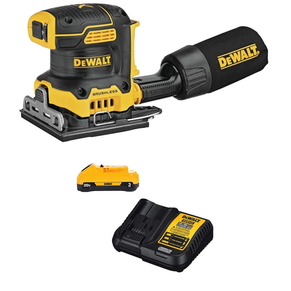 DEWALT 20V MAX XR Cordless Palm Sander with Variable Speed, 1/4-Inch Sheet, 3-Ah Battery & Charger Kit (DCW200B & DCB23C) - Perfect for Woodworking, Sanding Furniture, DIY Projects & Home Renovations