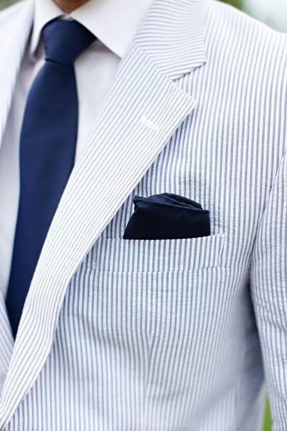 Men's Blue Seersucker Summer Suit - Slim Fit Formal Wedding Suit for Groom | Perfect for Beach Weddings, Garden Parties & Summer Business Events