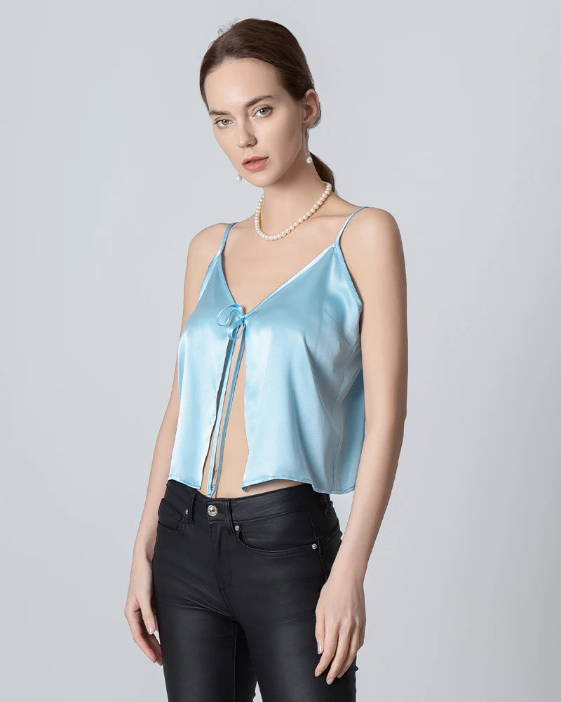 Elegant V-Neck Front Open Silk Camisole for Women - Soft & Breathable Sleepwear, Loungewear & Layering Piece - Perfect for Bedtime, Relaxing at Home or Under Blazers