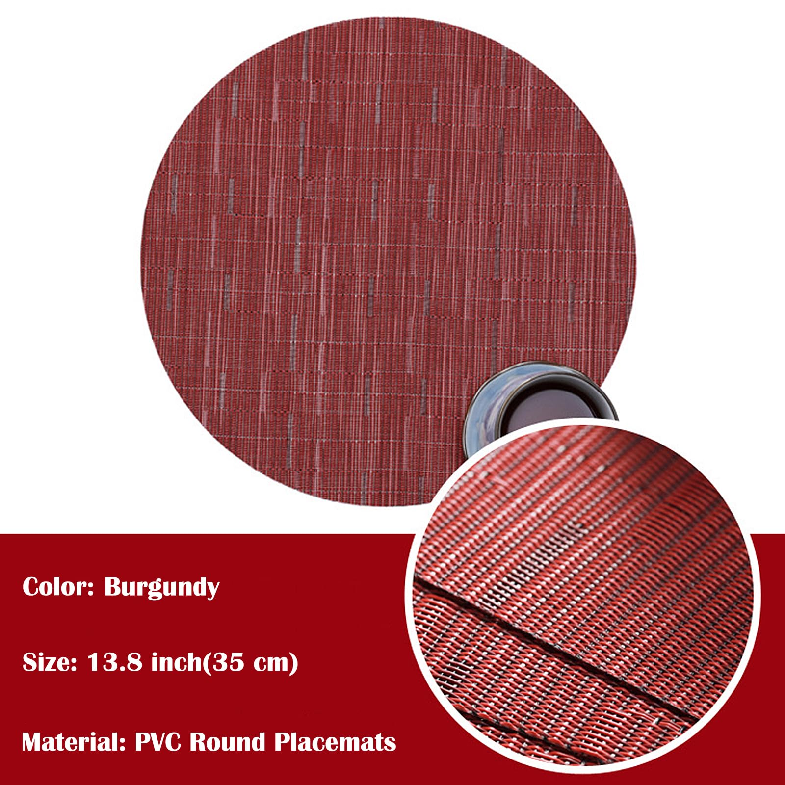 Round Woven Placemats Set of 4 - 13.8 Inch Non-Slip Washable Table Mats for Christmas, Home, Wedding & Party Decor - Burgundy - Perfect for Holiday Dinners, Family Gatherings and Special Occasions