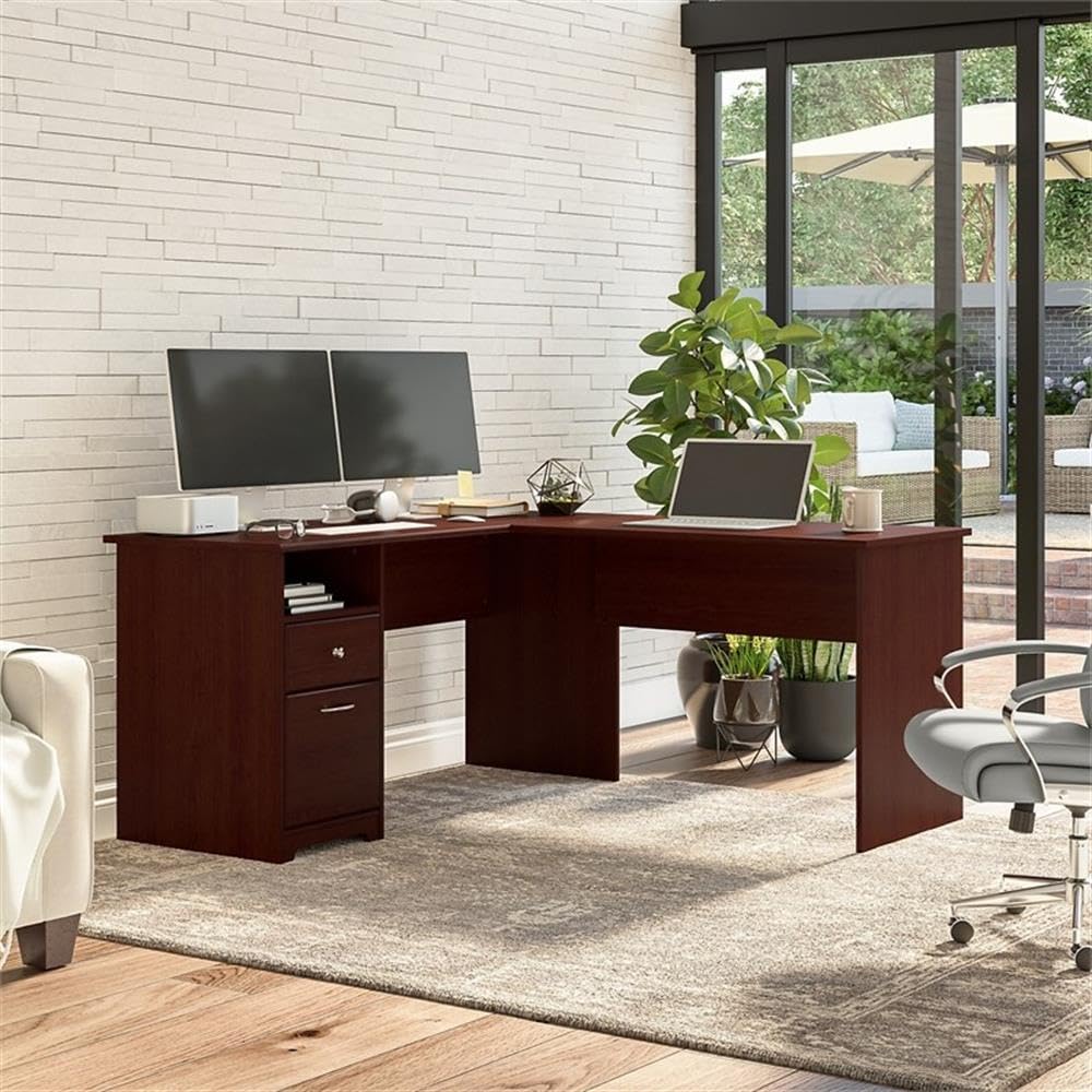 Bush Furniture Cabot L-Shaped Computer Desk with Drawers, 60 Inch Wide, Harvest Cherry Finish - Perfect for Home Office, Gaming Setup & Small Workspaces