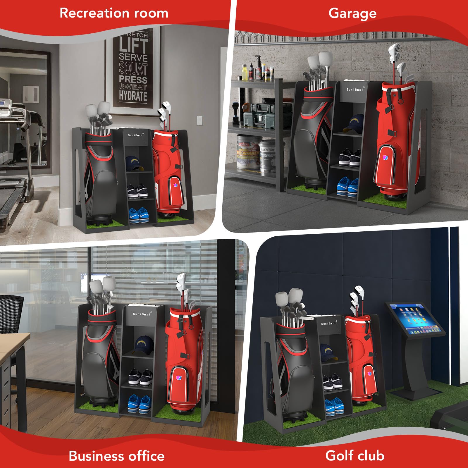 Premium Golf Bag Organizer Stand - Holds 2 XL Golf Bags & Multiple Accessories | Durable Storage Rack for Clubs, Shoes & Gear | Perfect for Garage, Basement, Shed - Ideal Gift for Golfers of All Levels | Indoor & Outdoor Use on Course or at Home