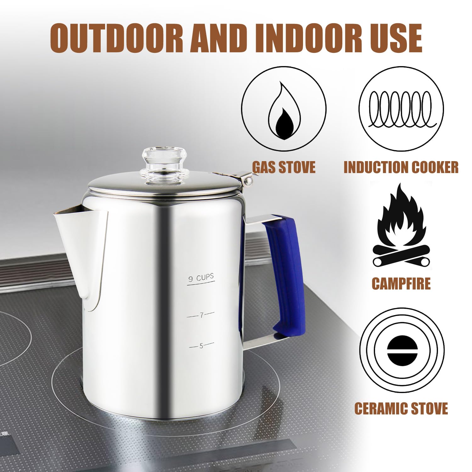 Premium Stainless Steel Stove Top Percolator Coffee Maker - 9 Cup Camping Coffee Pot with Borosilicate Glass Knob & Heat-Resistant Handle for Campfire, Induction Cooker & Home Use - Perfect for Outdoor Adventures & Daily Brewing