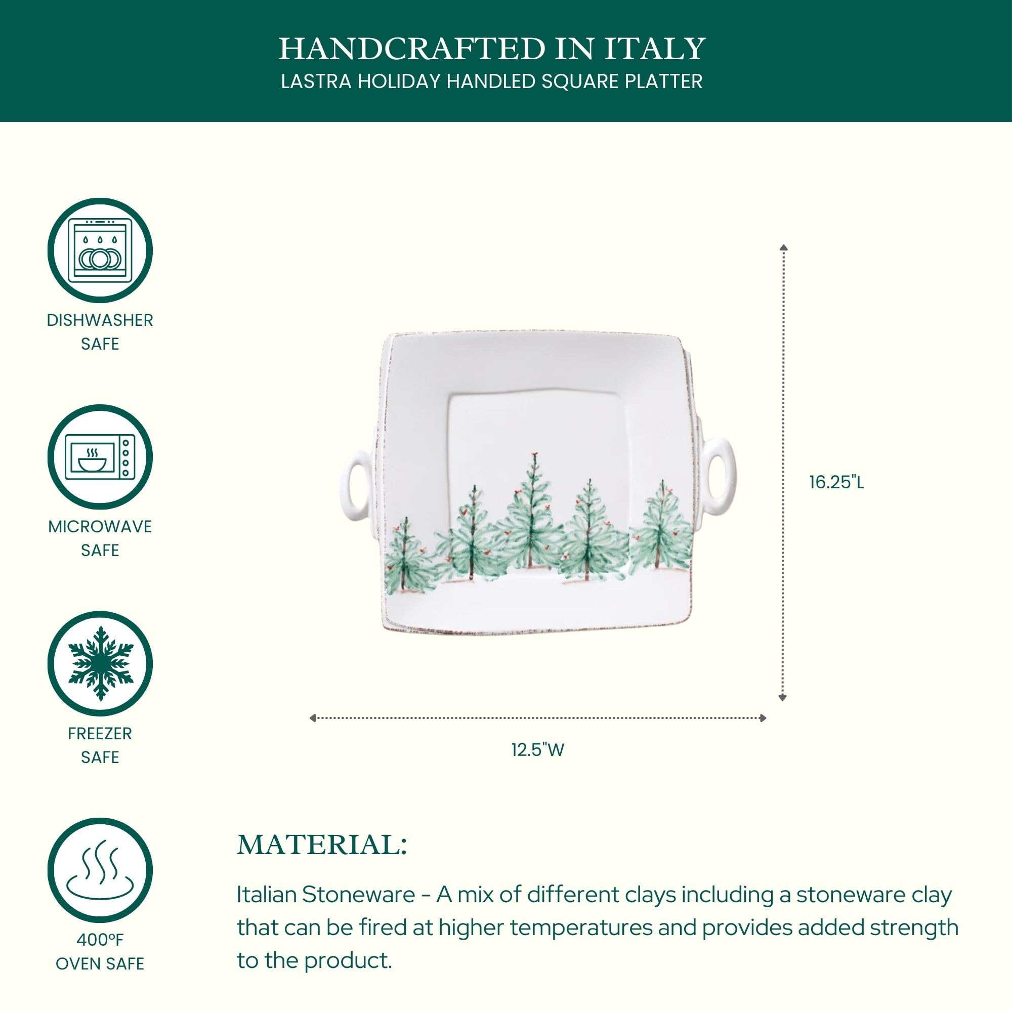 Vietri Lastra Holiday White and Green Handled Square Platter 16.25