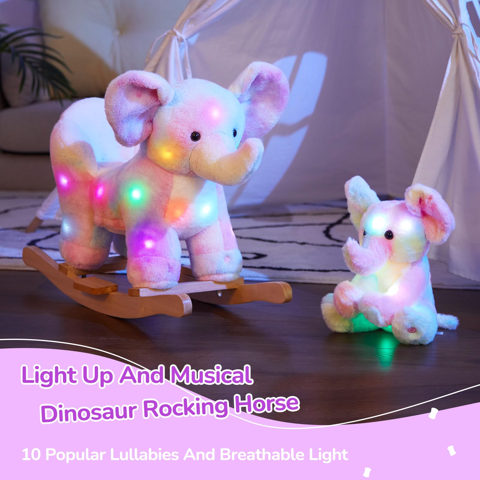 Glow Guards Light Up Musical Elephant Baby Rocking Horse & Rainbow Plush Toy Set - Wooden Rocking Chair for Toddlers Girls & Boys Ages 1-3 - Perfect for Nursery Decor, Birthday Gifts & Early Childhood Development Playtime