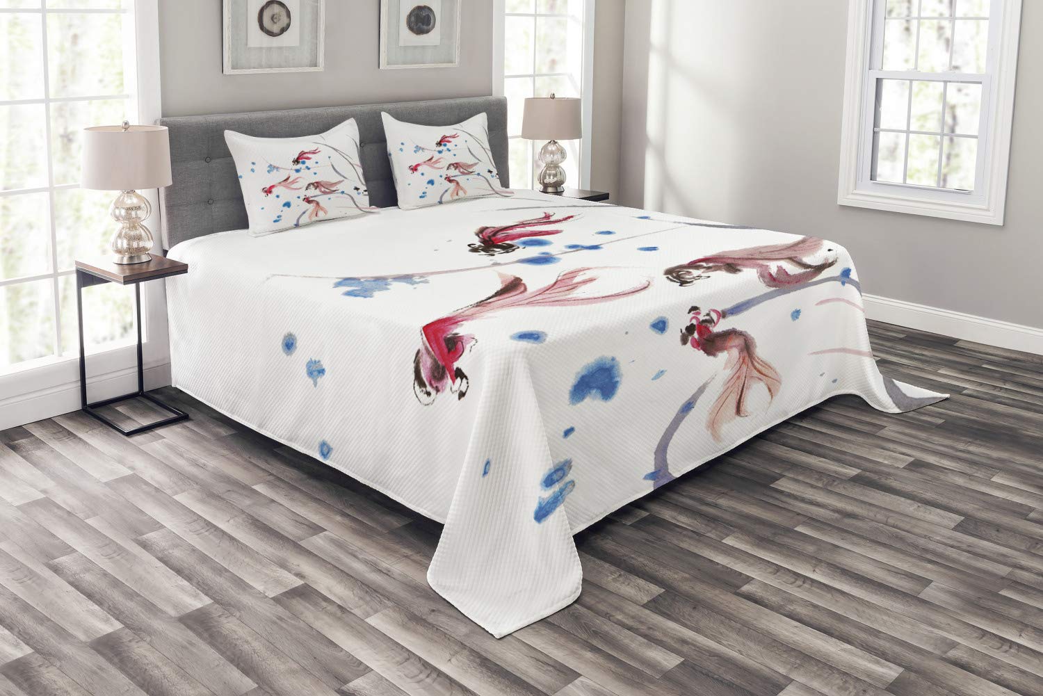 Ambesonne Ethnic Bedspread Set - Chinese Traditional Ink Painting Koi Fish Design - 3 Piece Decorative Bedding Coverlet with 2 Pillow Shams - King Size Red and Blue - Perfect for Asian-Themed Bedroom Decor, Zen Home Styling and Cultural Interior Design