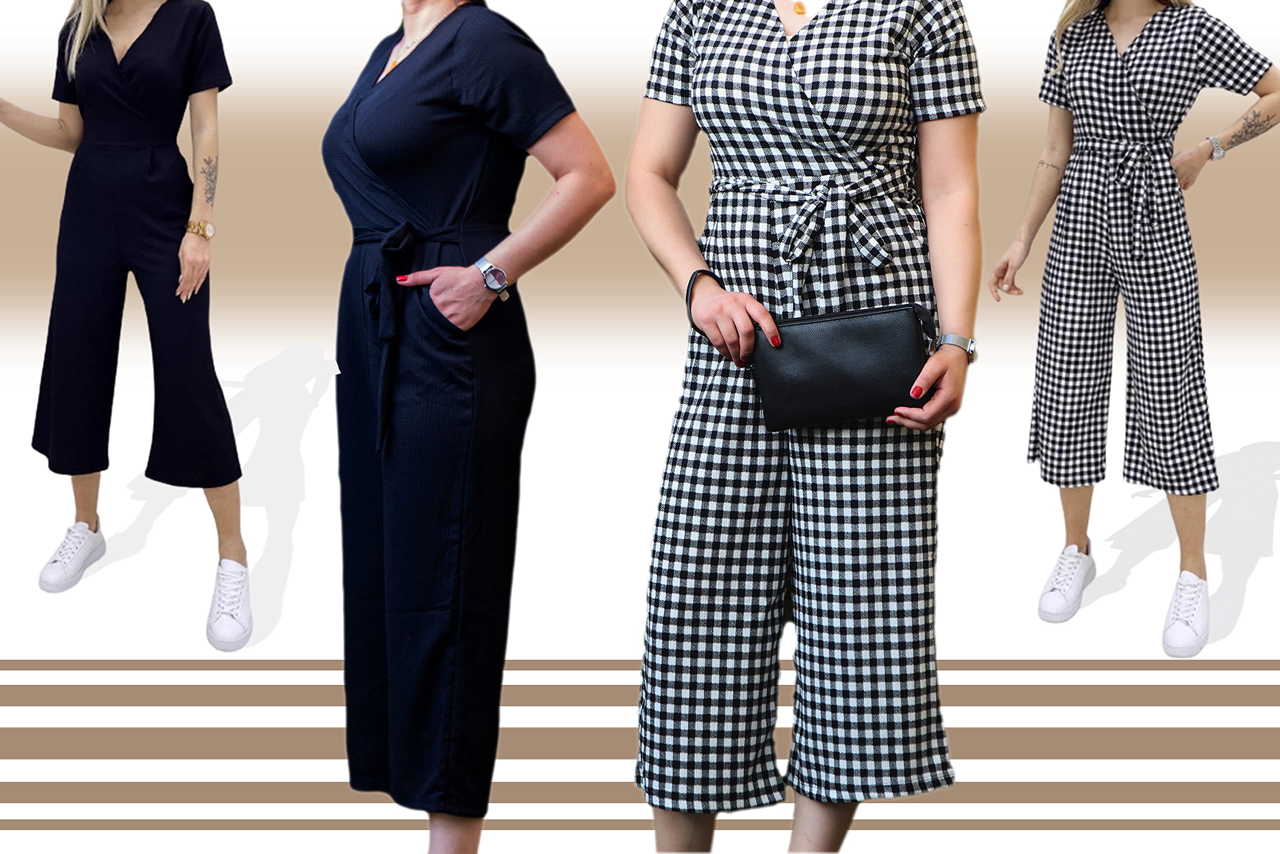 Women's V-Neck Short Sleeve Plaid Jumpsuit - Black & White Overall Dress (Large) | Casual Summer Outfit, Beach Cover-Up, Party Wear & Everyday Fashion