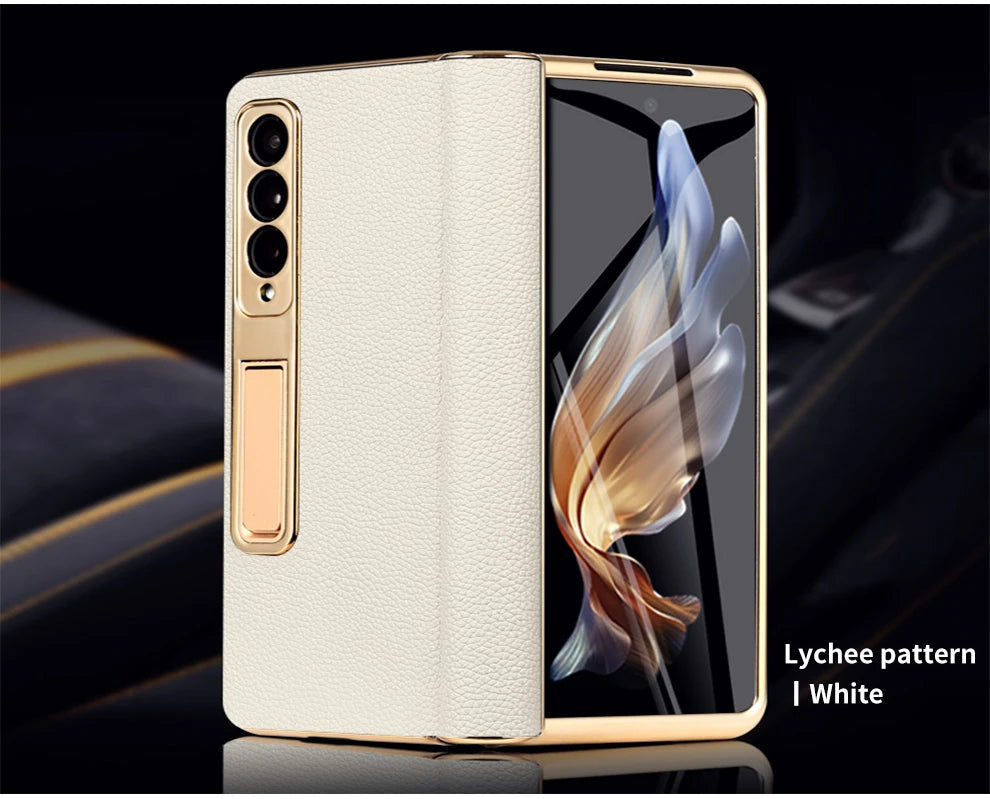 Premium Real Leather Phone Case for Samsung Galaxy Z Fold 6 with Hinge Kickstand - Slim Protective Cover for Work, Travel & Everyday Use