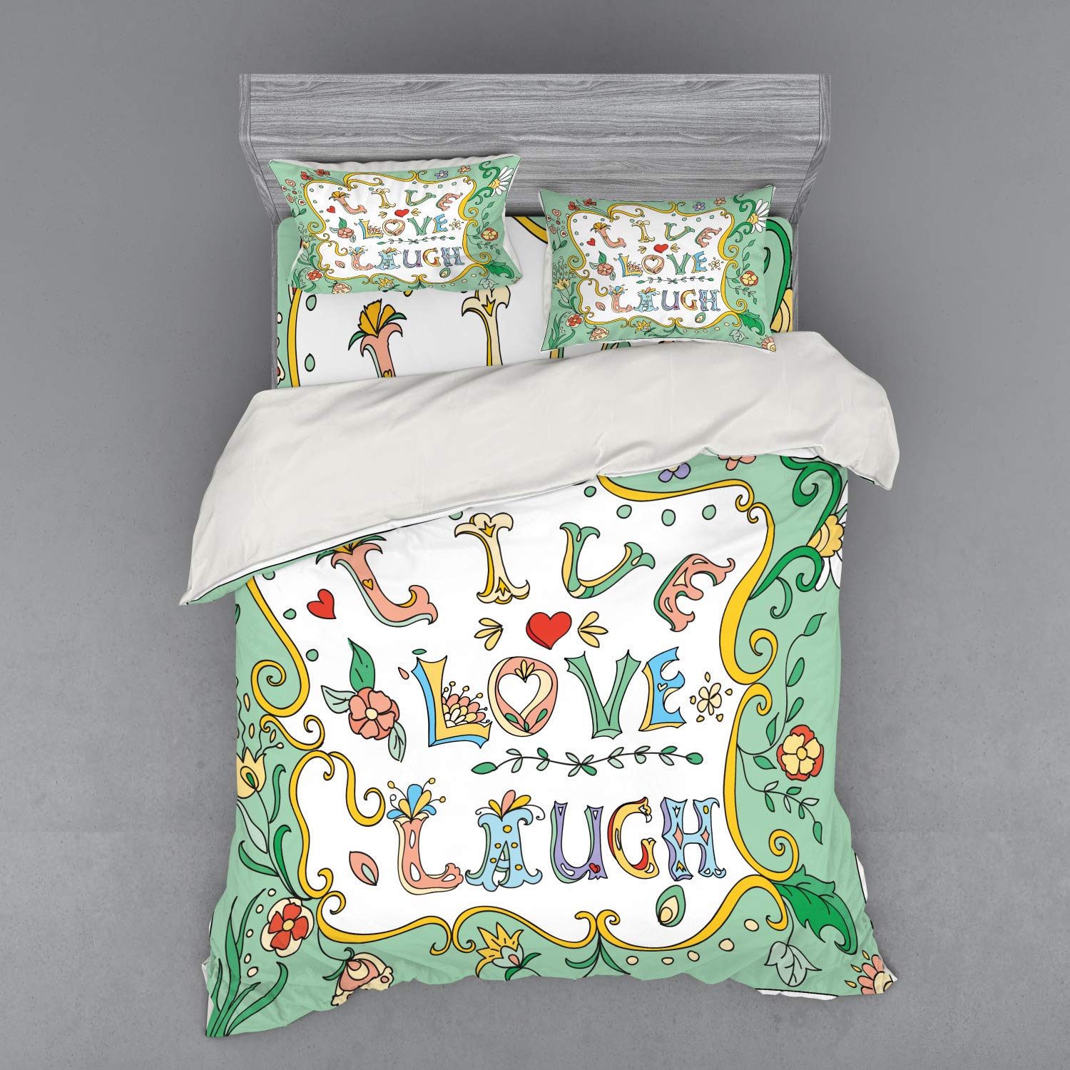 Ambesonne Live Laugh Love 4-Piece Duvet Cover Set - Queen Size Floral Doodle Wreath Design with Shams & Fitted Sheet, Multicolor Spring Bedding for Master Bedroom, Guest Room or Dorm Decor